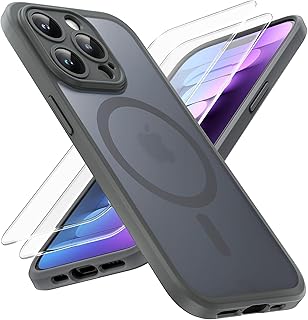 TOCOL 3 in 1 Magnetic for iPhone 15 Pro Max Case, Upgraded [Full Camera Protection] with 2 Screen Protector, Fit for MagSafe [Military Grade Drop Tested] Translucent Matte Back Phone Case 6.7", Gray