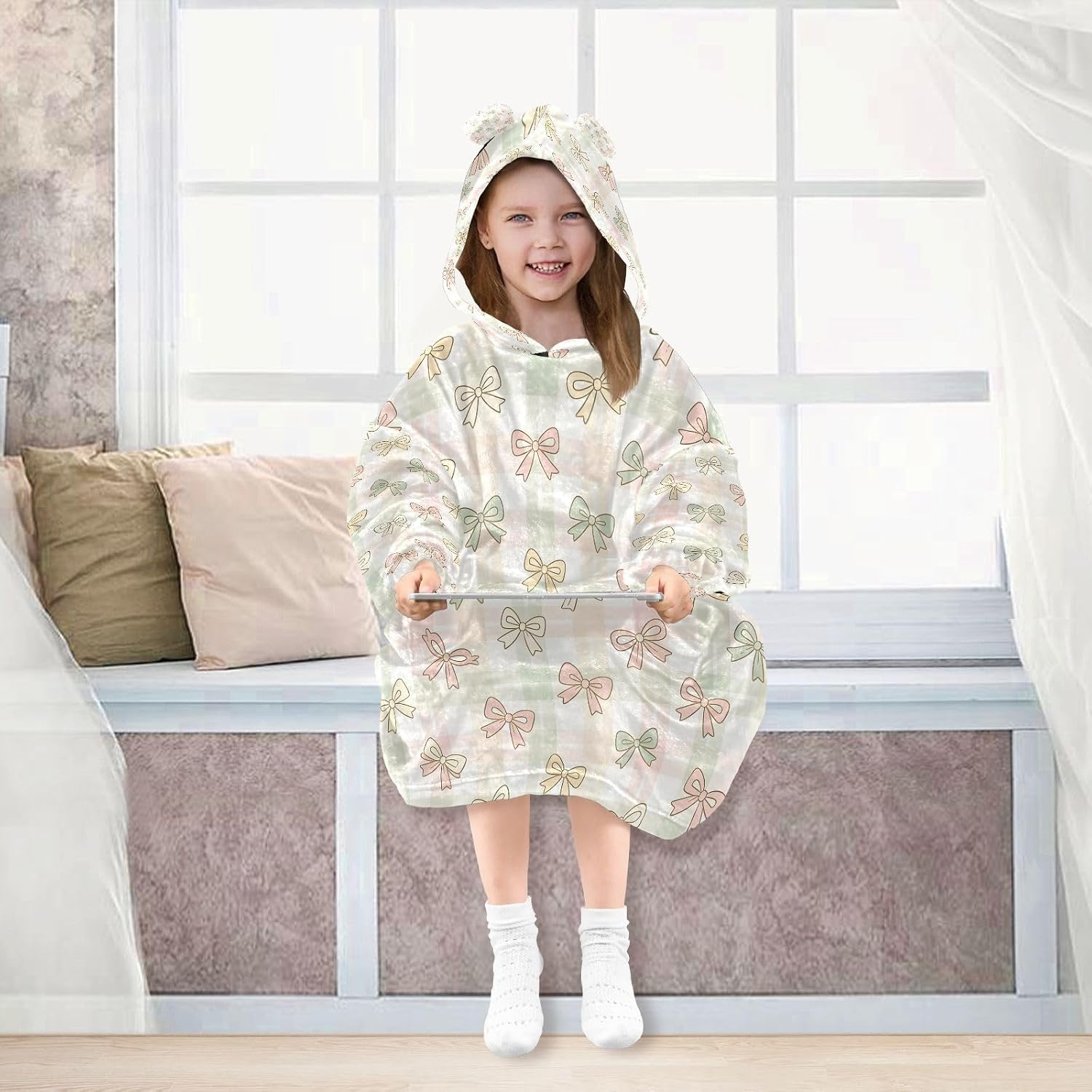 Kigai Bows Wearable Blanket Hoodie for Kids Oversized Hooded Blanket Warm & Cozy Sweatshirt with Pockets