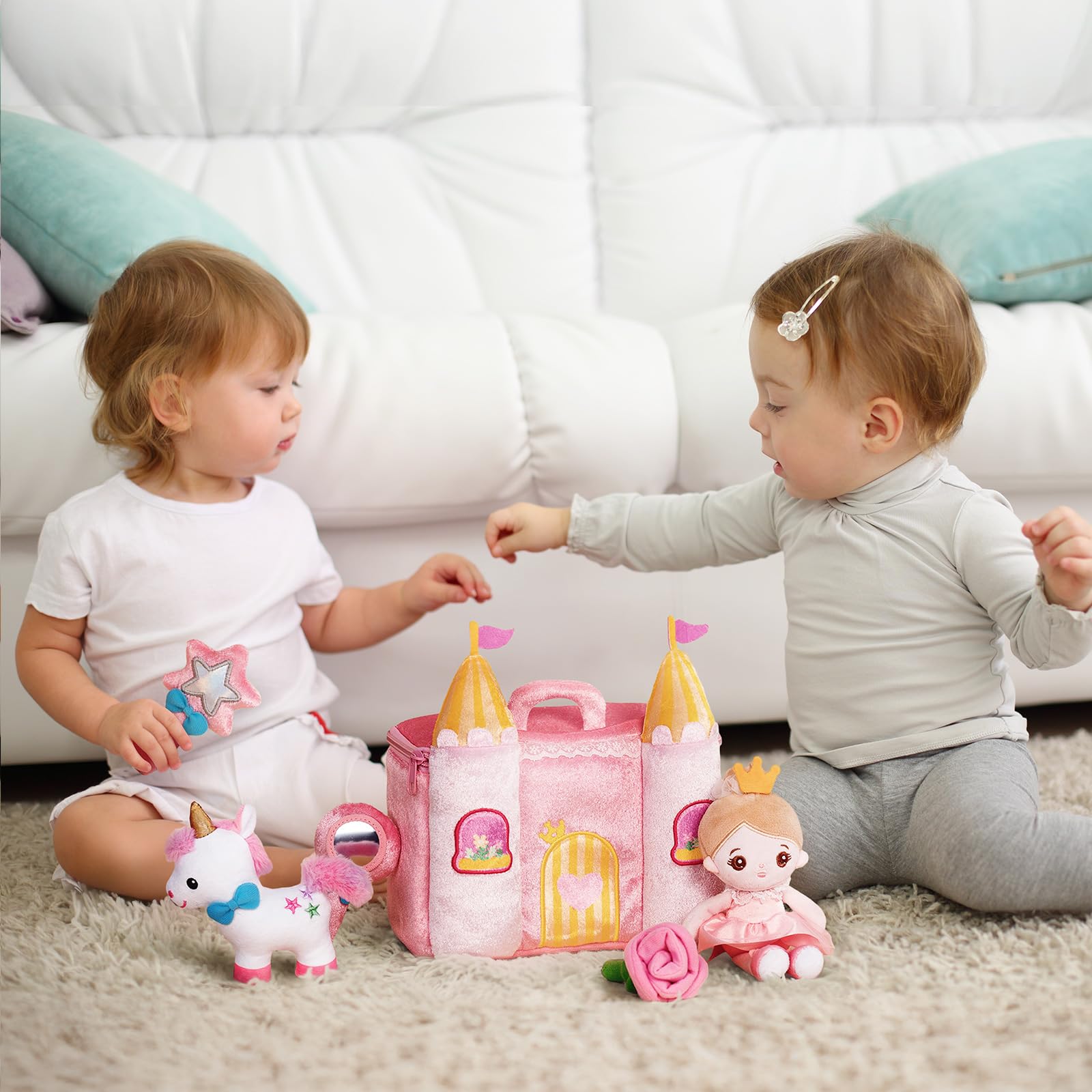 OUOZZZ Château Jouet de Princesse- avec 5 Jouets en Peluche，Peluche Licorne、Poupée de Chiffon、Cadeaux d'anniversaire pour Les Filles âgées de 1, 2 et 3 Ans