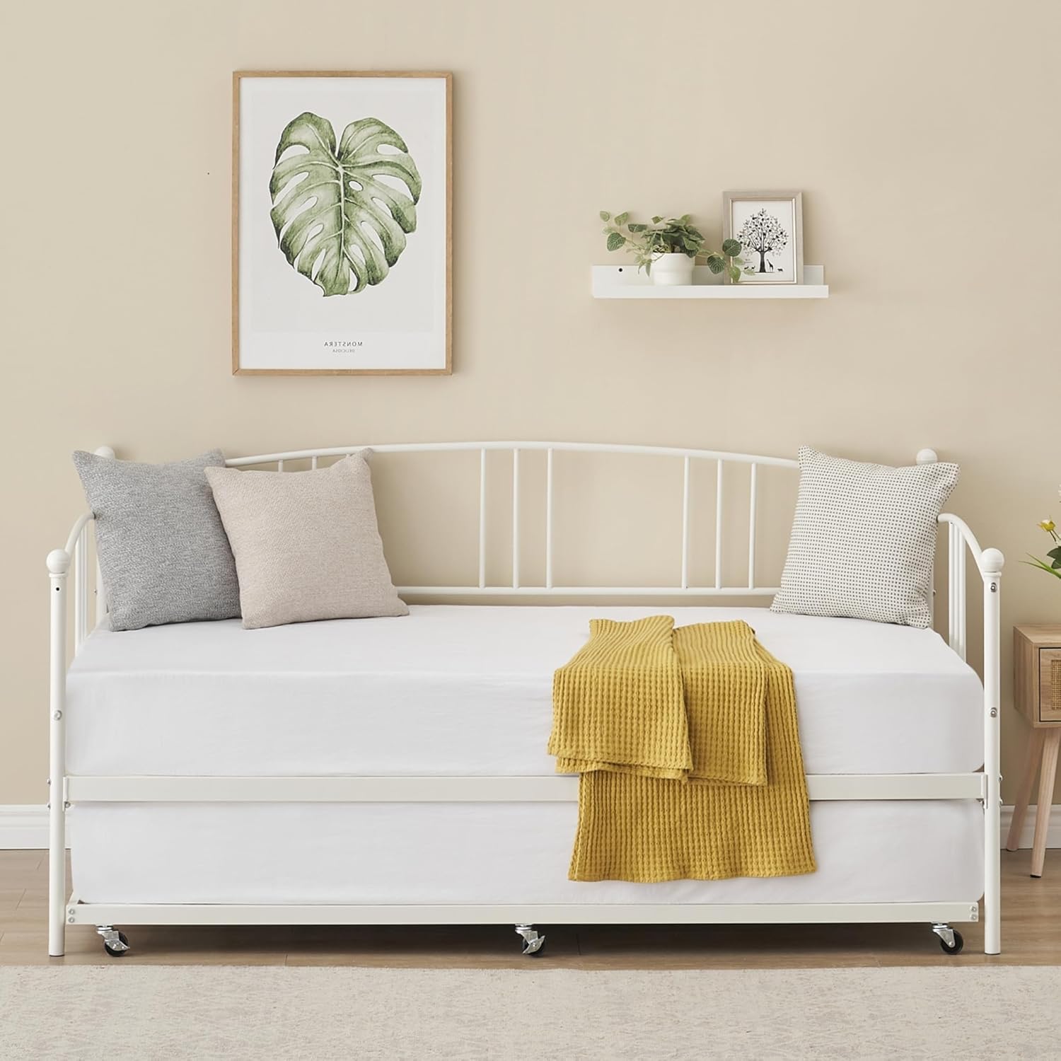 GarveeTech White Twin Daybed with Trundle, Metal Sofa Bed, Steel Slats, Arched Headboard - Space-Saving for Living Room & Guest Room