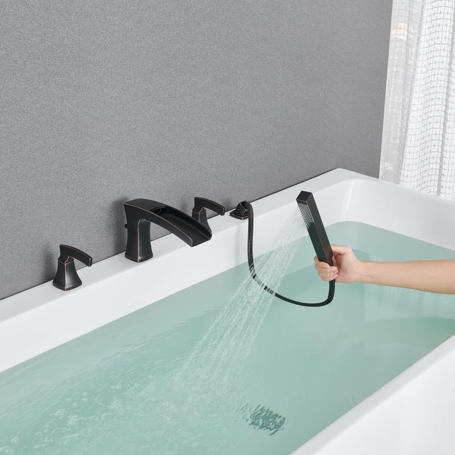 Waterfall Tub Filler Roman Tub Faucet Oil Rubbed Bronze Deck Mount Bathtub Faucets 4 Hole Brass Bathroom Faucets with Hand Shower