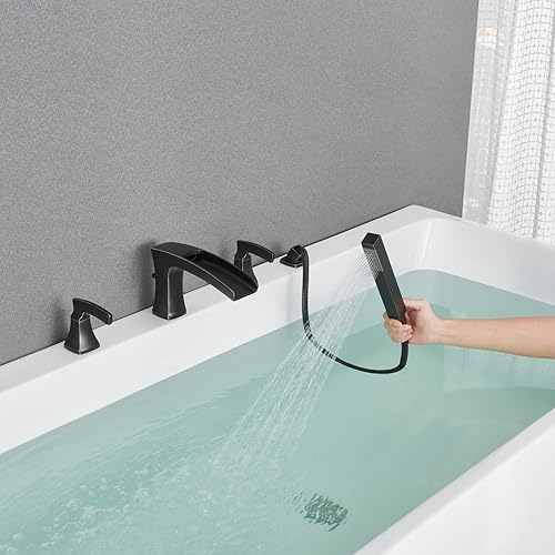 Miniatura 26 de Llenador de bañera romana cascada grifo de bañera cromado, grifos de baño de latón de 4 agujeros con ducha de mano Cromado,Negro -,Oro