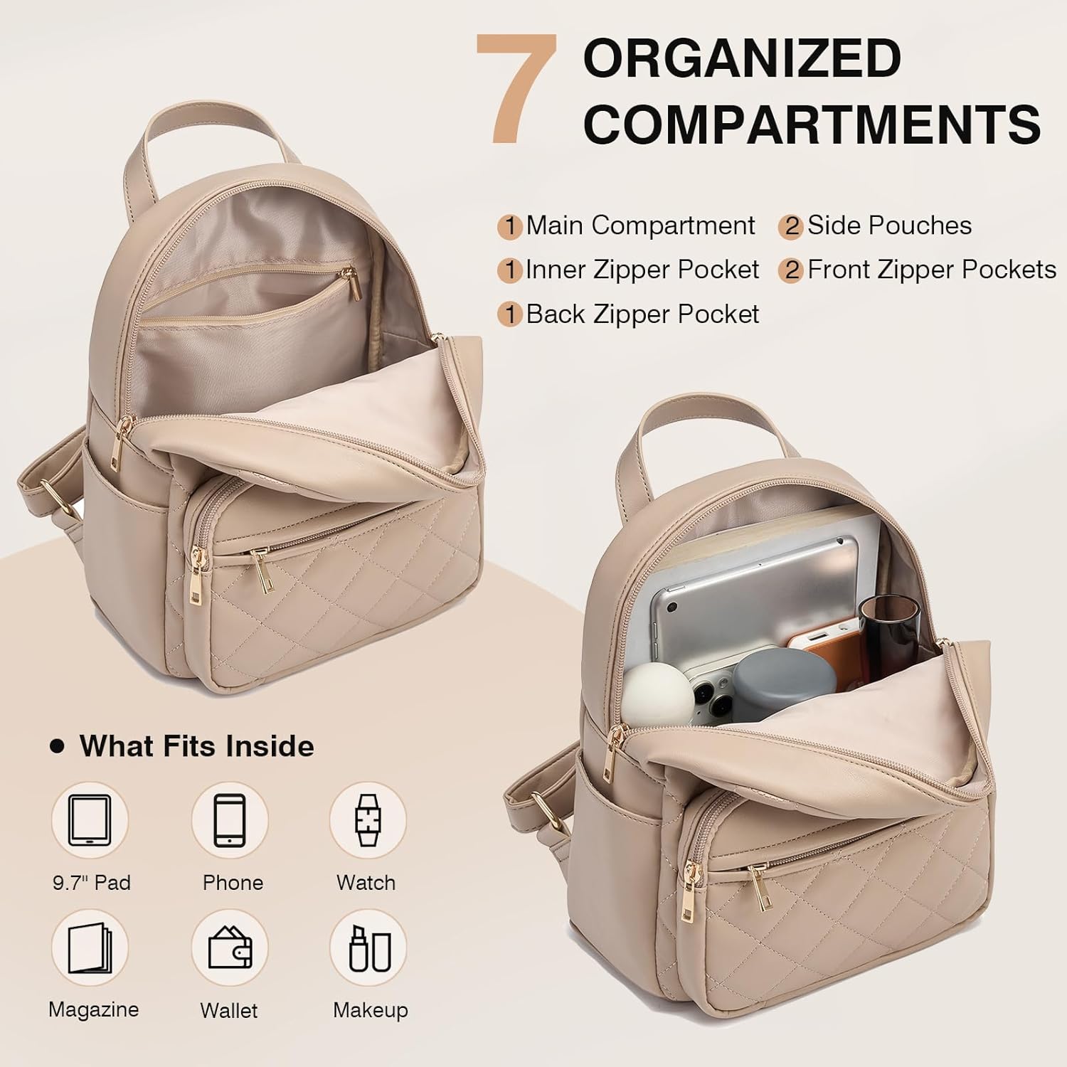 Marvolia Mini Backpack for Women - Vegan Leather Small Fashion Purse for Travel Work Shopping - Khaki - Image 4