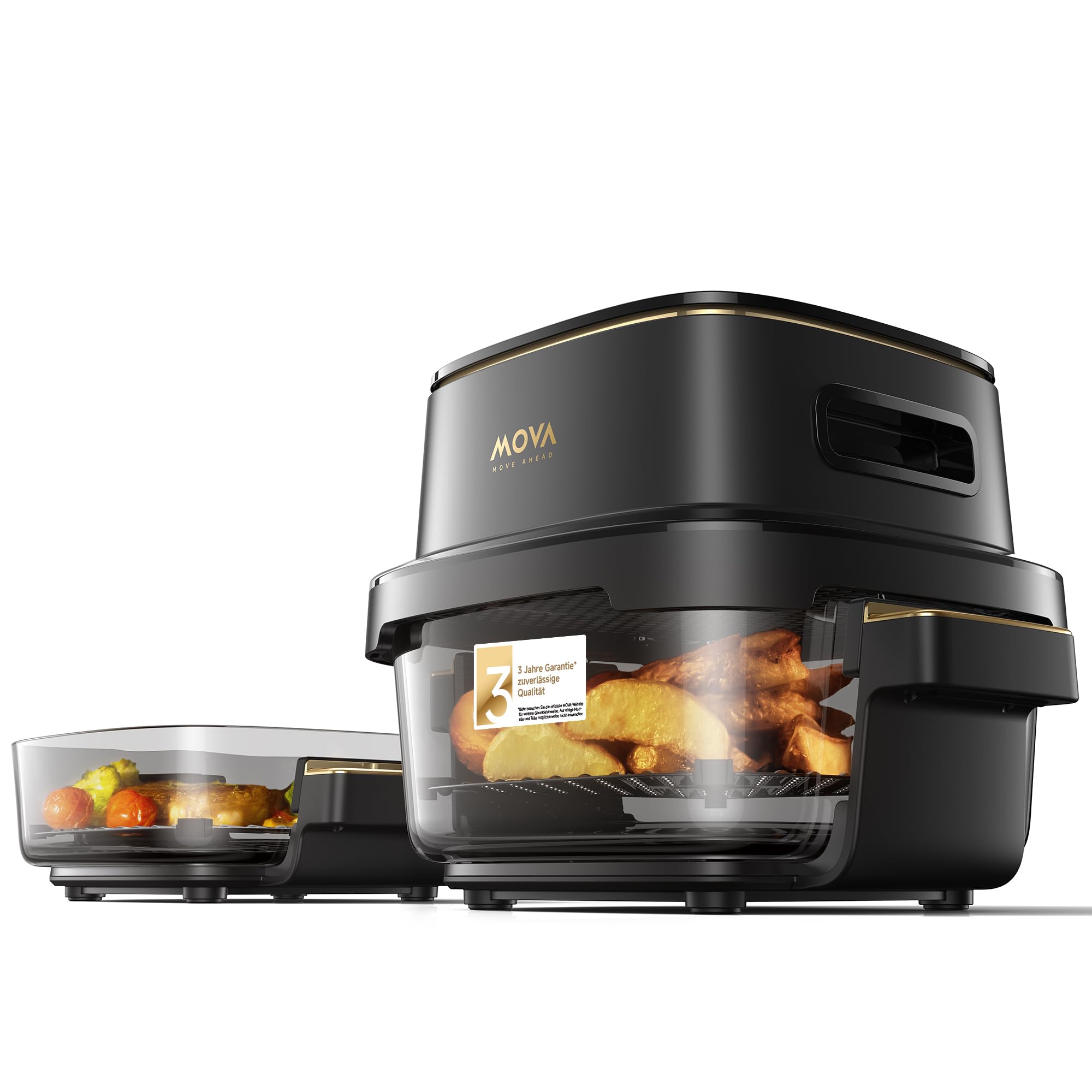 Mova Aeroglass AF20 Pro Heißluftfritteuse: Transparenter Glasinnenraum, Doppeltes Fassungsvermögen (4 l + 2,5 l), Glasschüssel, Bürstenloser Motor, 8 Rezepte, 40–210 °C, Intelligente Voreingestellte
