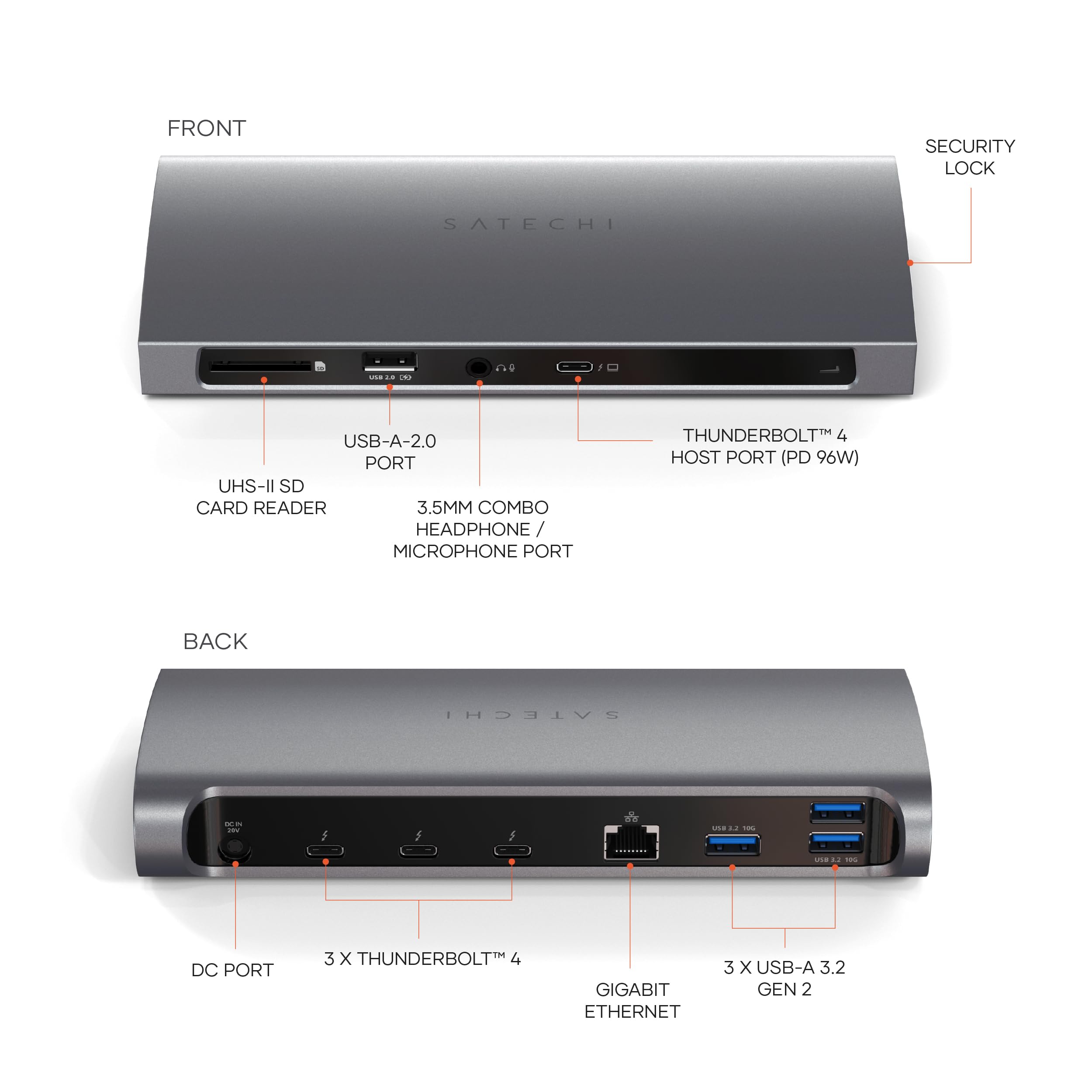 Satechi 11 in 1 Thunderbolt 4 USB C Docking Station, 96W Charging, Dual 4K/60Hz displays, 3 Thunderbolt Ports, 3 USB-A 3.2 Ports, USB-A 2.0 Port, SD Card Reader, for Mac/Windows, MacBook Air/Pro M4