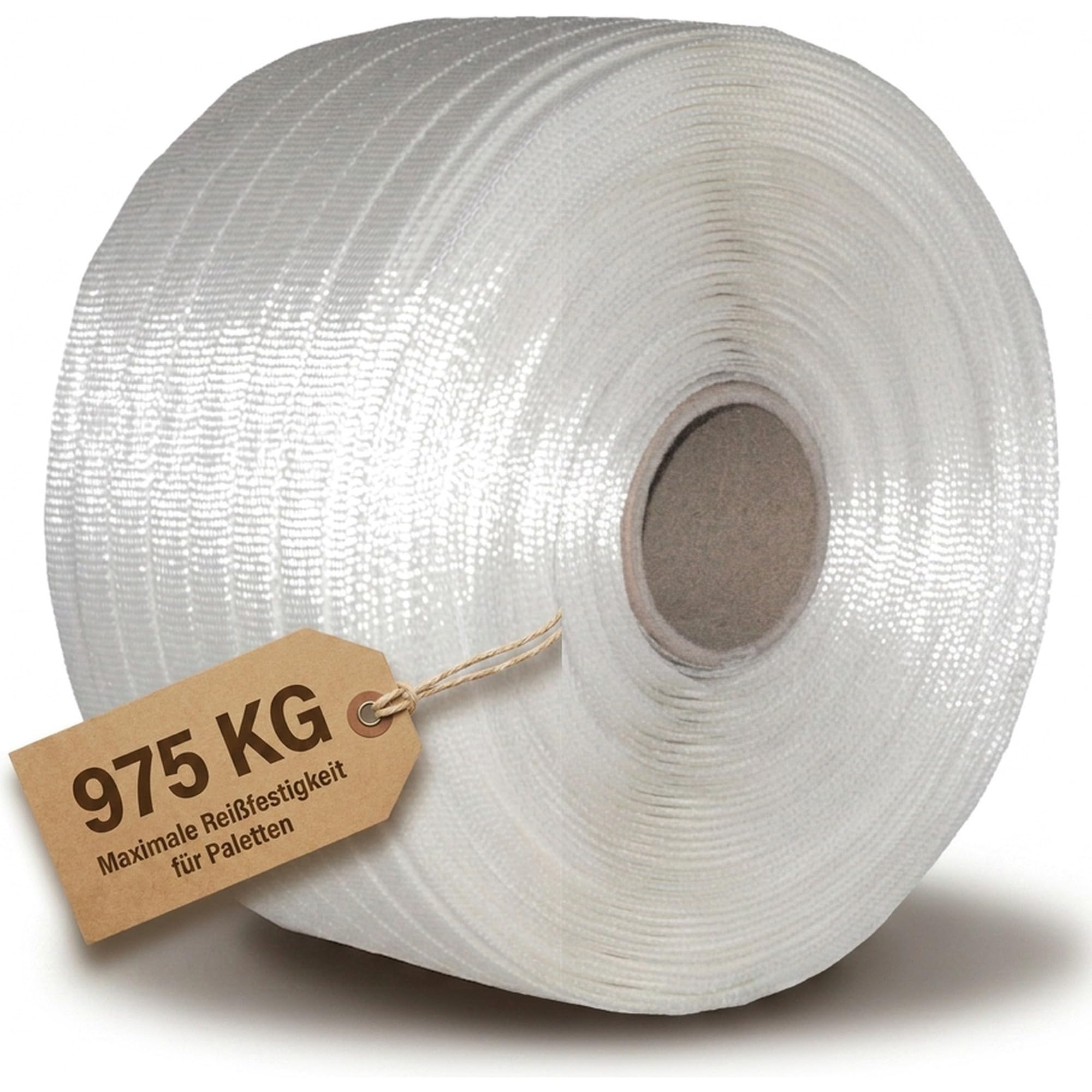 KK Verpackungen Textil Umreifungsband 19 mm x 400 m | 1 x Rolle, HD gewebt, 975 KG Reißfestigkeit | Polyesterband für scharfkantige Güter | Kern 76 mm, phosphatierte Klemmen