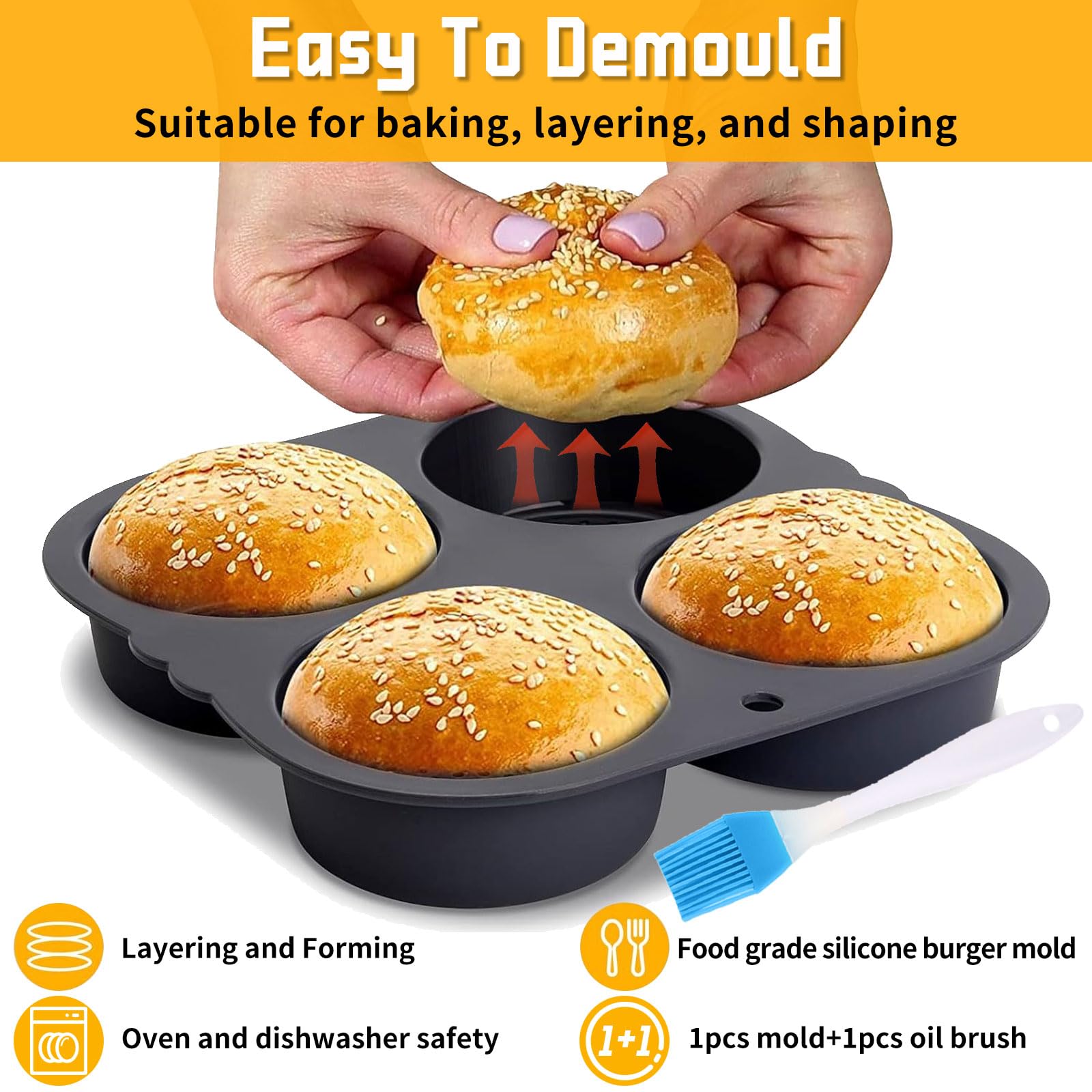 webake Brioche - Stampo in silicone per panini e hamburger, 2 pezzi, 6 cavità, 10 cm, grande stampo in resina, 33 x 22,2 x 2 cm