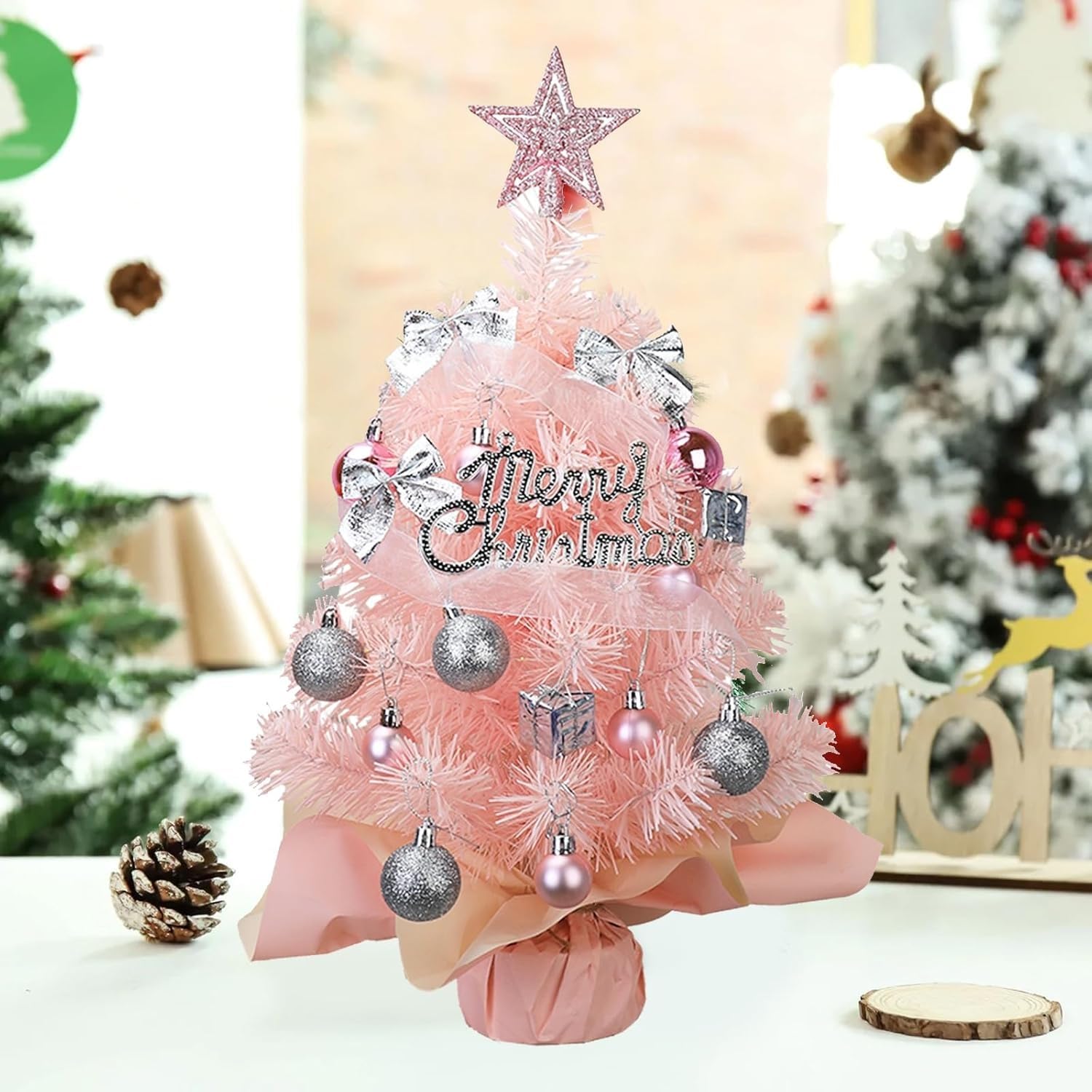 Petit Sapin de Noël Table 45 cm avec lumières et Boules décoratives for la Maison, Les fêtes Petits espaces(Roze)