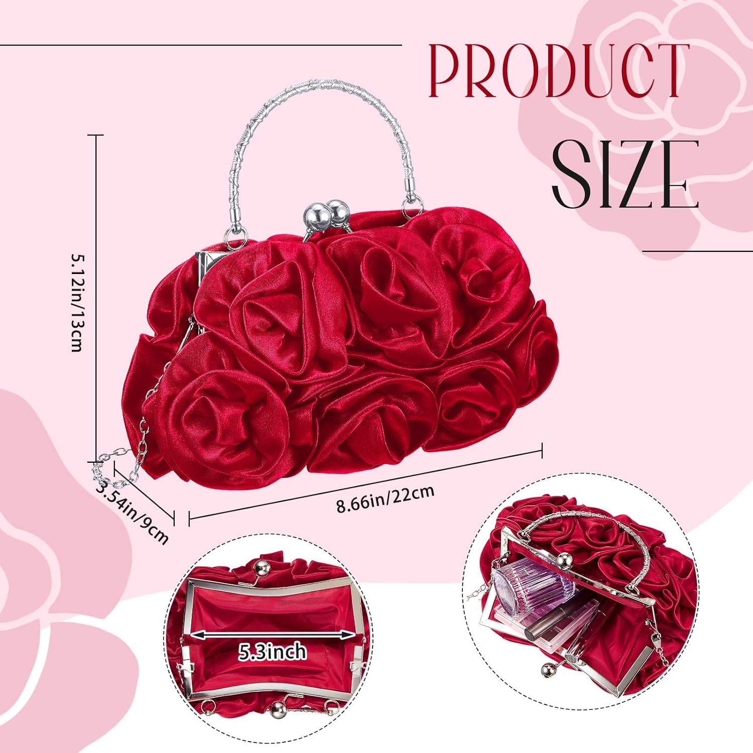 Women Evening Clutch, Small Floral Satin Purse with Detachable Strap for Valentine's Day Wedding Party Prom Gift - Image 4