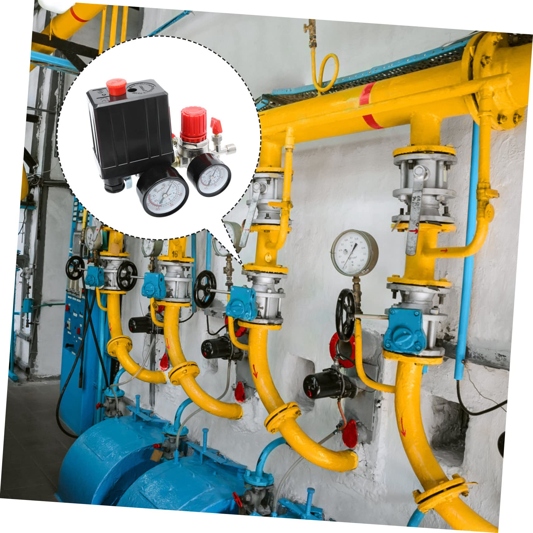 Artibetter Set Valvola di Controllo Pressione per Compressore d Aria a 4 Fori, Manometro, Plastico e Ferro, 220/380v, per 0,5-0,8mpa