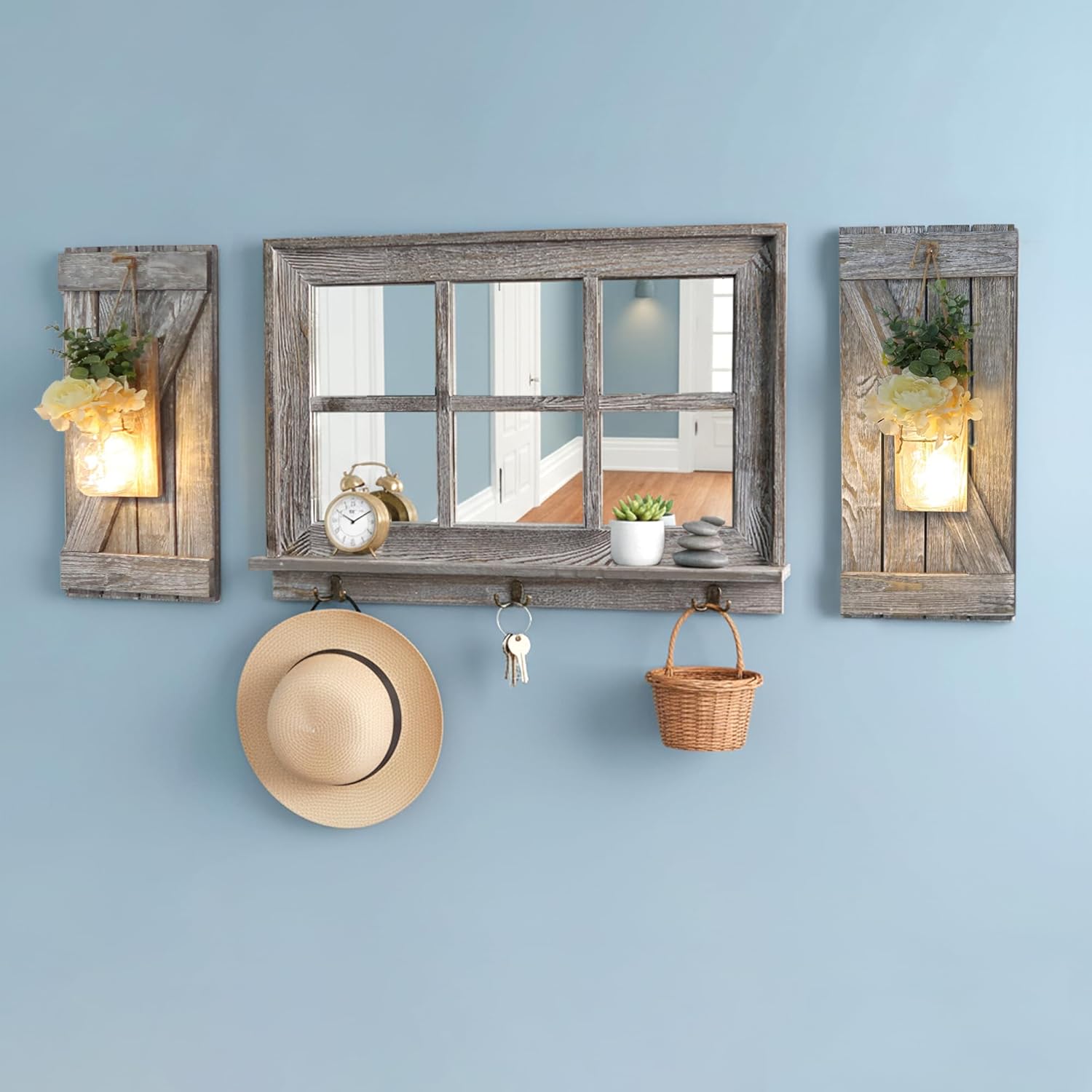 Besuerte Farmhouse Window Mirror with X-Style Shutters, 6-Pane Real Glass Rustic Wall Mirror & Set of 2 Brown Mason Jar Sconces for Living Room, Dining Room & Entryway(Light Brown)