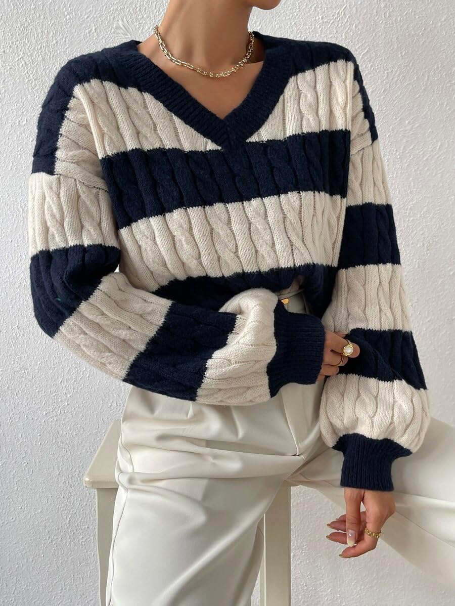 LIGHT DOT V Neck Cable Knit Sweater Women Winter Long Sleeve Stripped Preppy Sweater Oversized Pullover - Image 3