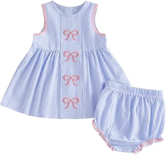 Toddler Girl Summer Outfits Bow Embroidered Ruffle Tank Top and Striped Shorts 2pc Set 6 12 18 24 Month 2T 3T 4T