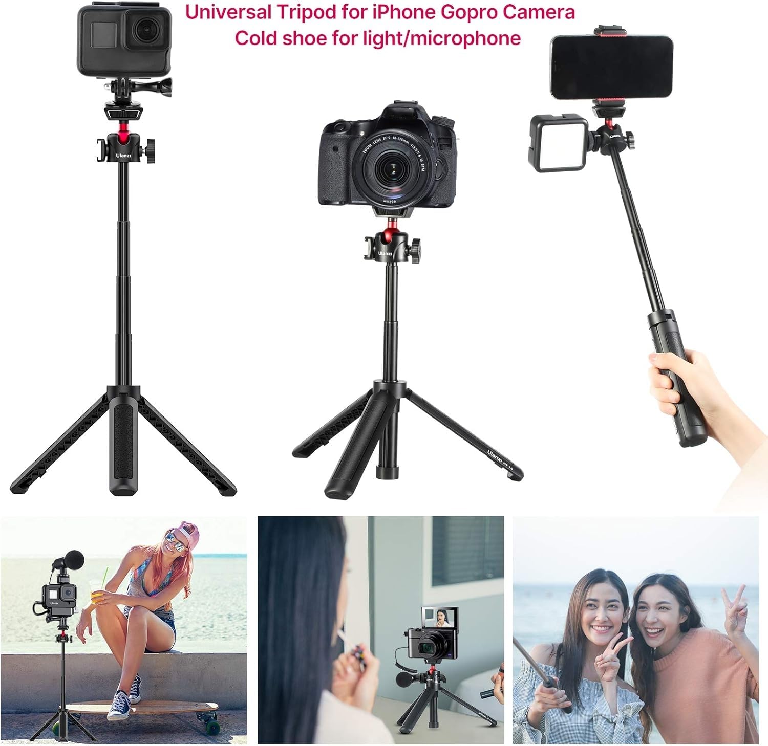 Mini Kamera Stativ, ULANZI MT-16 Vlogging Stativ mit 360° Kugelkopf 1/4 Schraube Cold Shoe Mount, Mini Tripod ausziehbar 22cm bis 44cm, Klein Camera Tripod für DLSR Canon Nikon Sony Kamera Smartphone