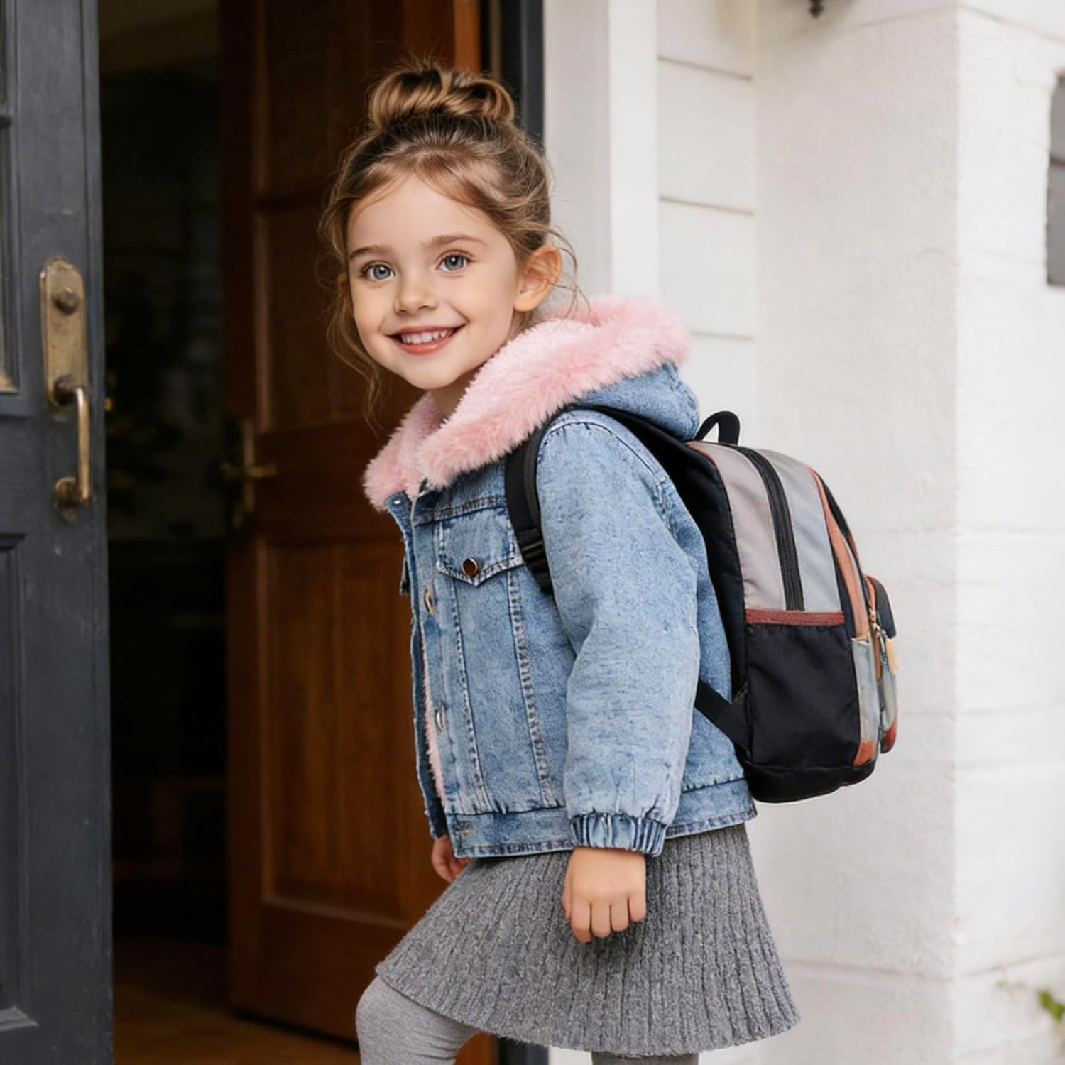 Girls Pink Fluffy Hood Fleece Lined Warm Denim Jacket for Toddler Girls 2-8Y