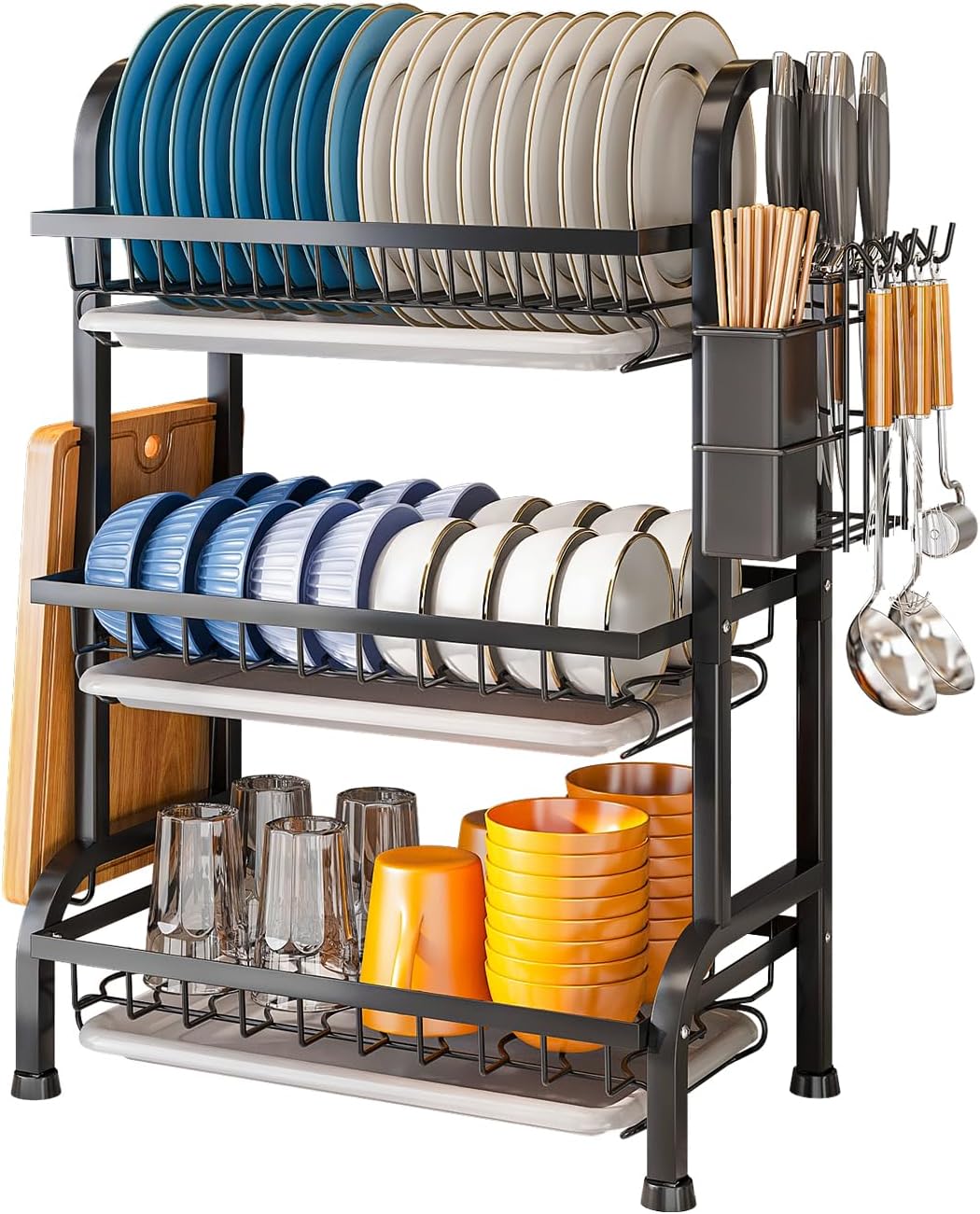 Dish Drying Rack 3 Tier Large Capacity Kitchen Dish Draining Rack Countertop Cultery Drainer with Drip Tray