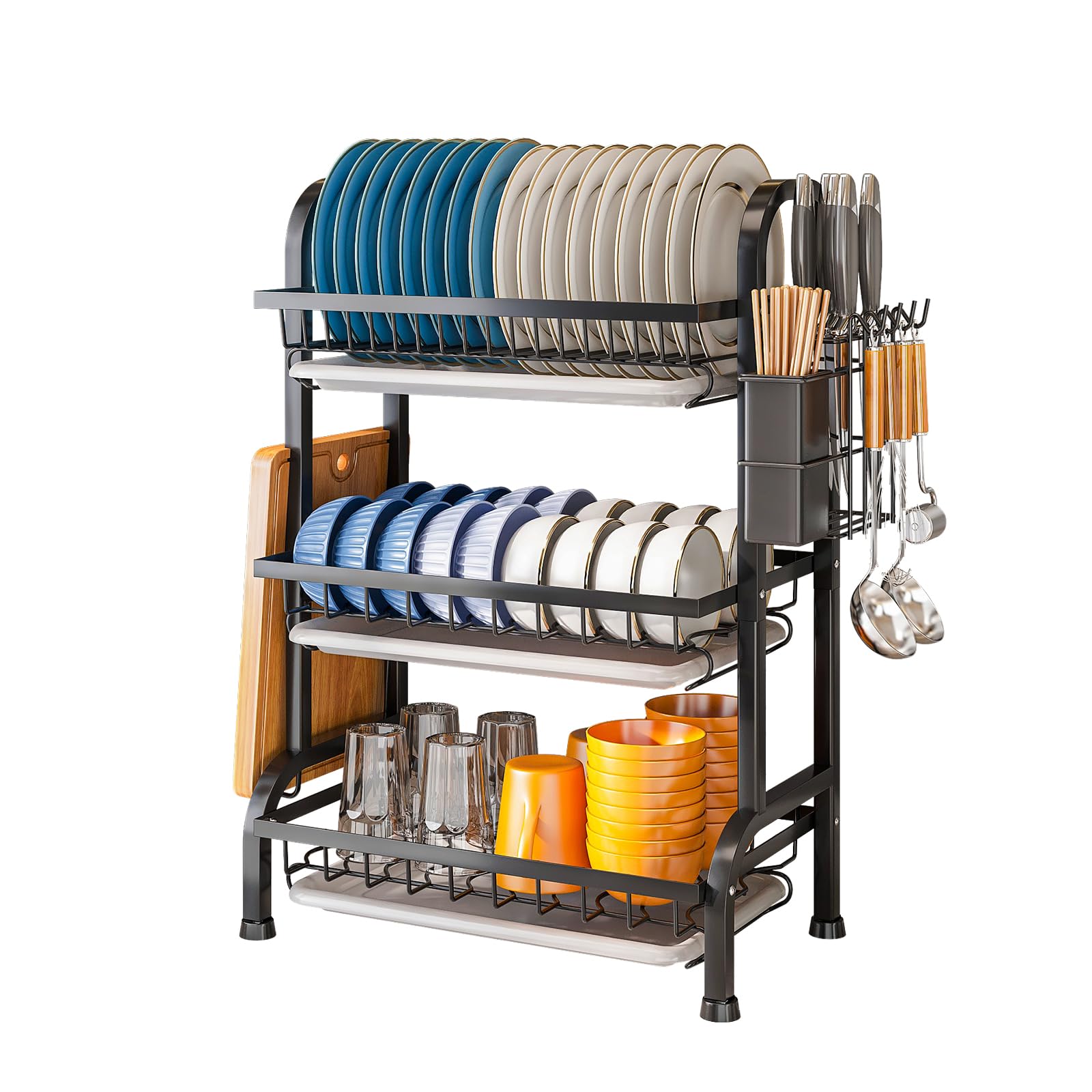 Escurridor de platos de 3 niveles, gran capacidad, escurridor de platos de cocina con bandeja de goteo, 42 cm