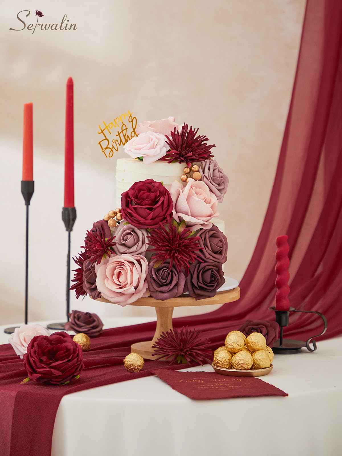 Serwalin Fiori artificiali per torta bouquet da sposa centrotavola per il giorno del Ringraziamento Peonia Rose Fiori di nozze Combo Fiori finti Boho per la (Rosa borgogna)