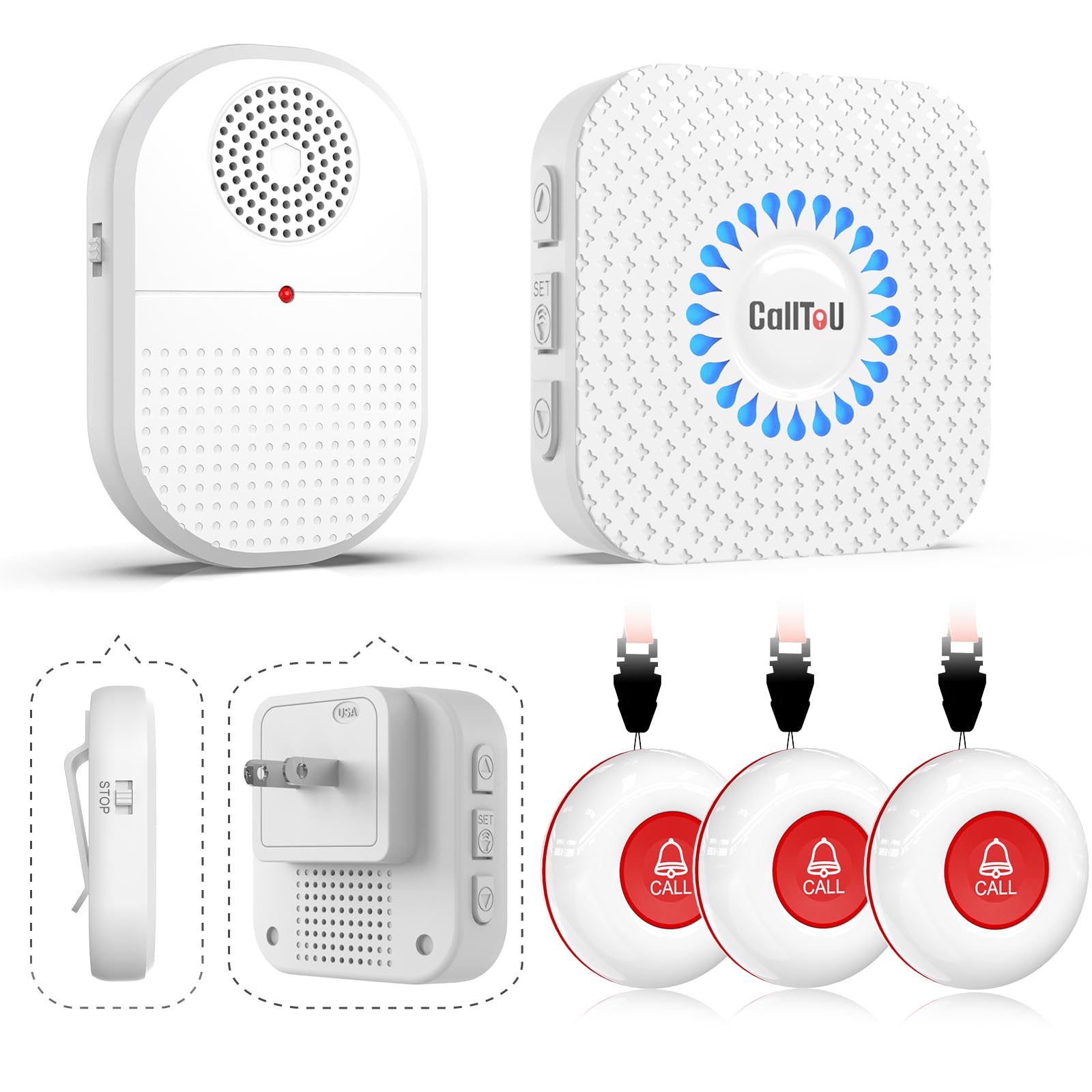 CallToU Caregiver Pager, 3 Emergency Help Buttons for Seniors, 2 Receivers