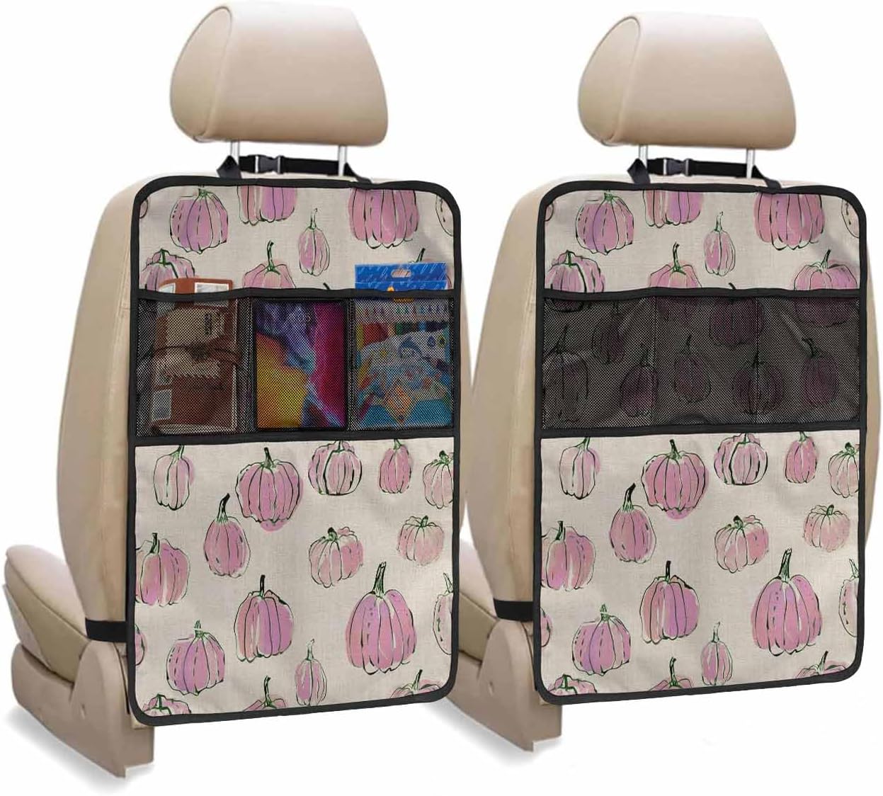 T&H XHome Car Seat Protector, 2 Pack Kick Mats Back Seat Protector Fall Thanksgiving Pink Pumpkin Simple Lines Linen Waterproof Backseat Cover for Kids Universal Fit Automotive Interior Protectors