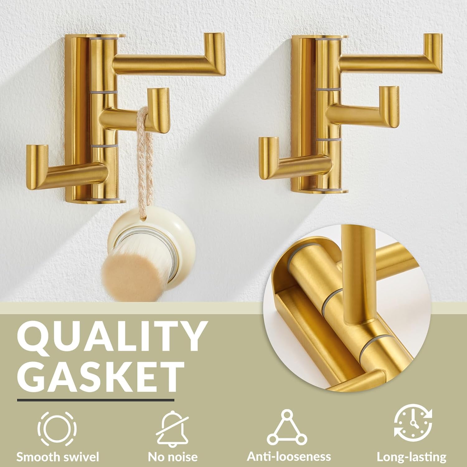 APLusee Brushed Gold Swivel Towel Hook 2 Pack, Towel Bar, Toilet Paper Holder Bundle, Wall Mounted image 2