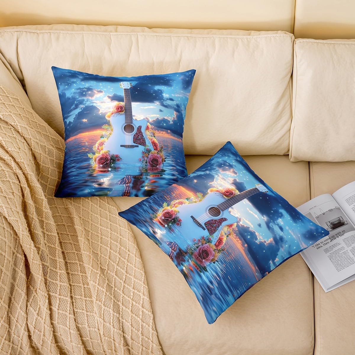 Guitar Throw Pillow Covers 24"x24" for Kids Tropical Blooming Flower Cushion Covers Hawaiian Ocean Beach Cushion Case Musical Instrument Bedroom Decor,Set of 2 image 2