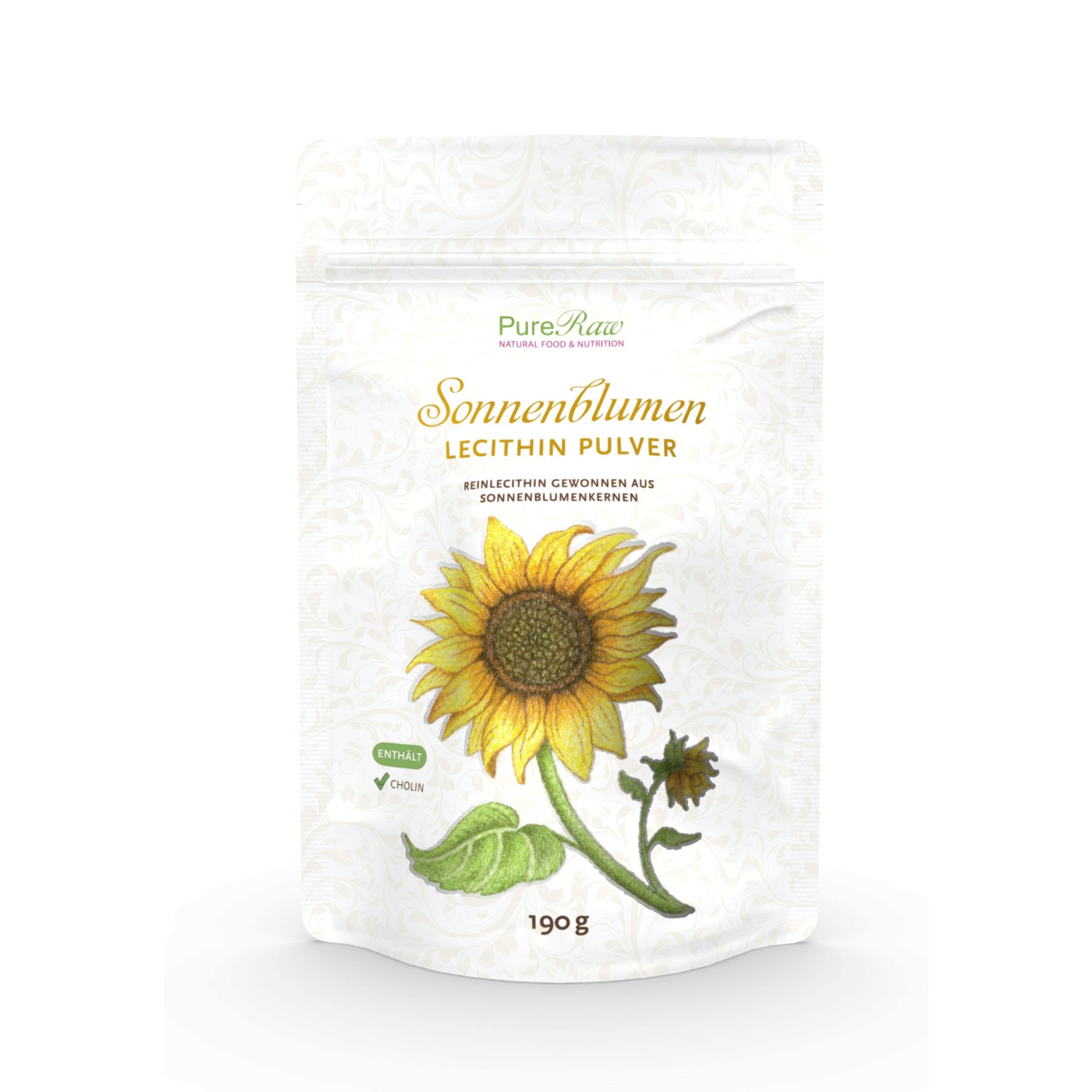 Sonnenblumen Lecithin Pulver zum Kochen & Backen - Sonnenblumenlecithin Pulver, Veganes Cholin Emulgator Feines Granulat - Sunflower Lecithin Powder I PureRaw 190g