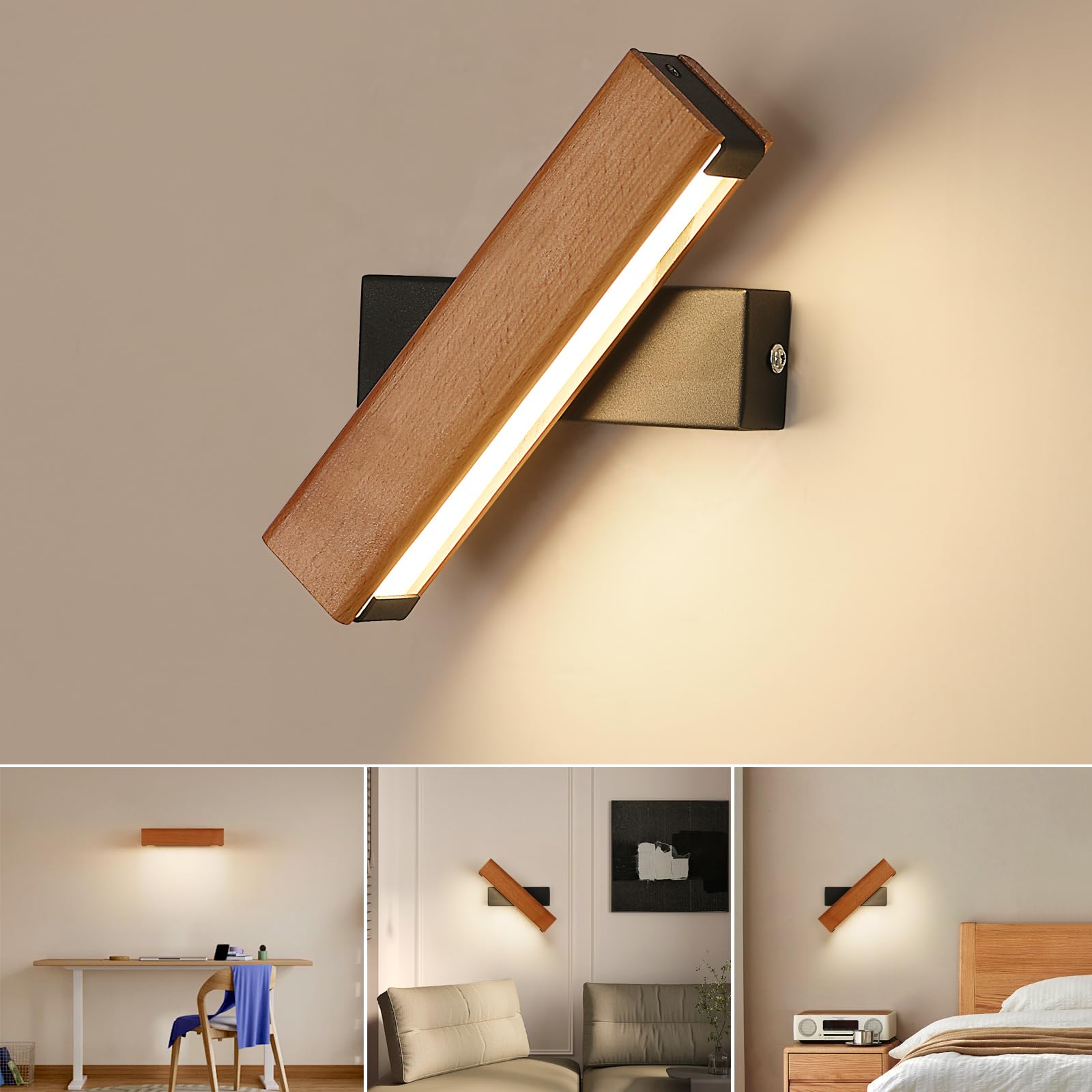 Aplique Pared Interior Giratorio, Apliques Pared Dormitorio Madera, 3000K Cálido Lampara pared, Lámpara de Noche, Lampara de mesita para Corredor, Escalera