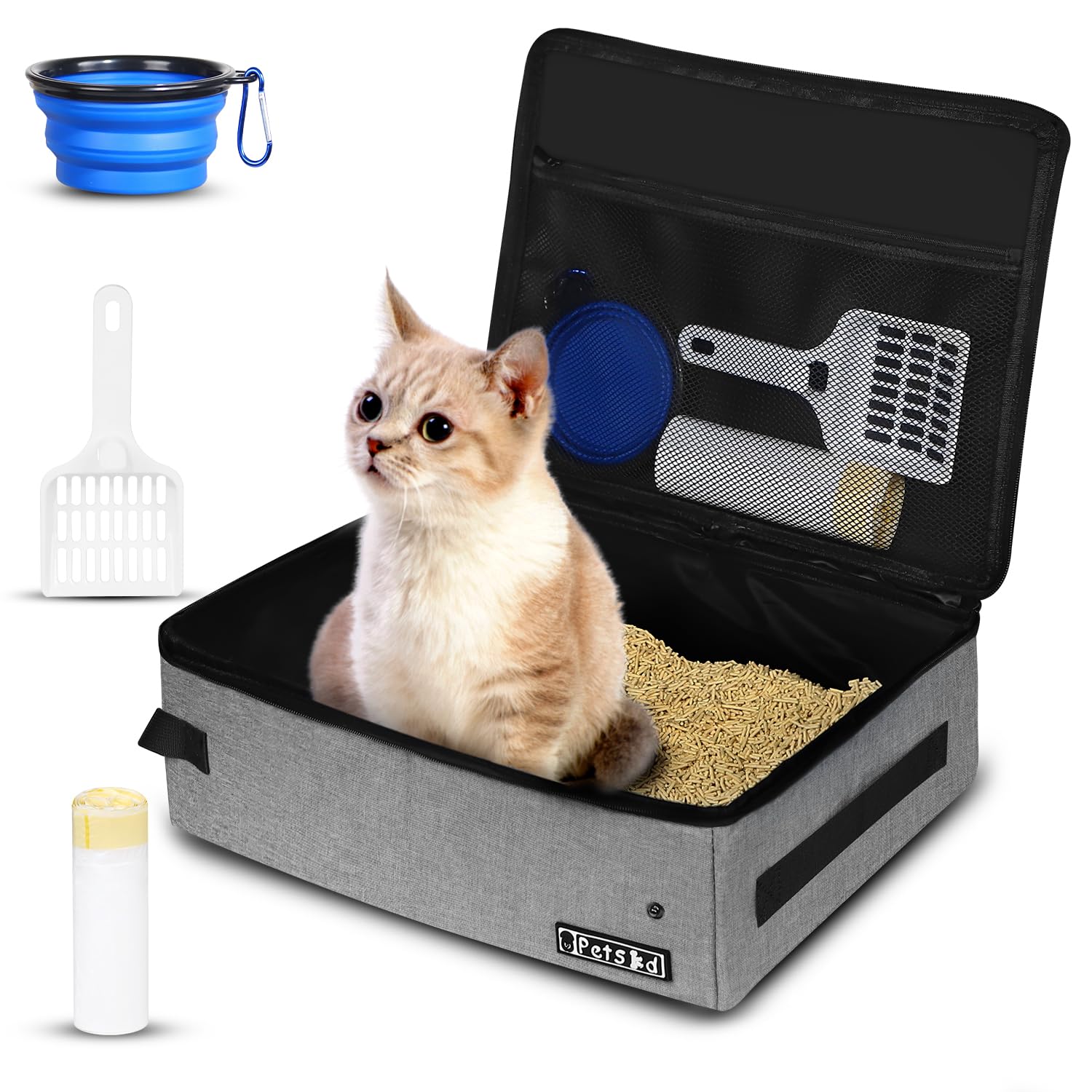 Petskd Portable Cat Travel Litter Box with Lid and 10 pcs Disposable Liner Bags, Leak-Proof and Collapsible, Cat Travel Essentials for Car, Hotel, Airplane and Other Outdoor Use(Grey)