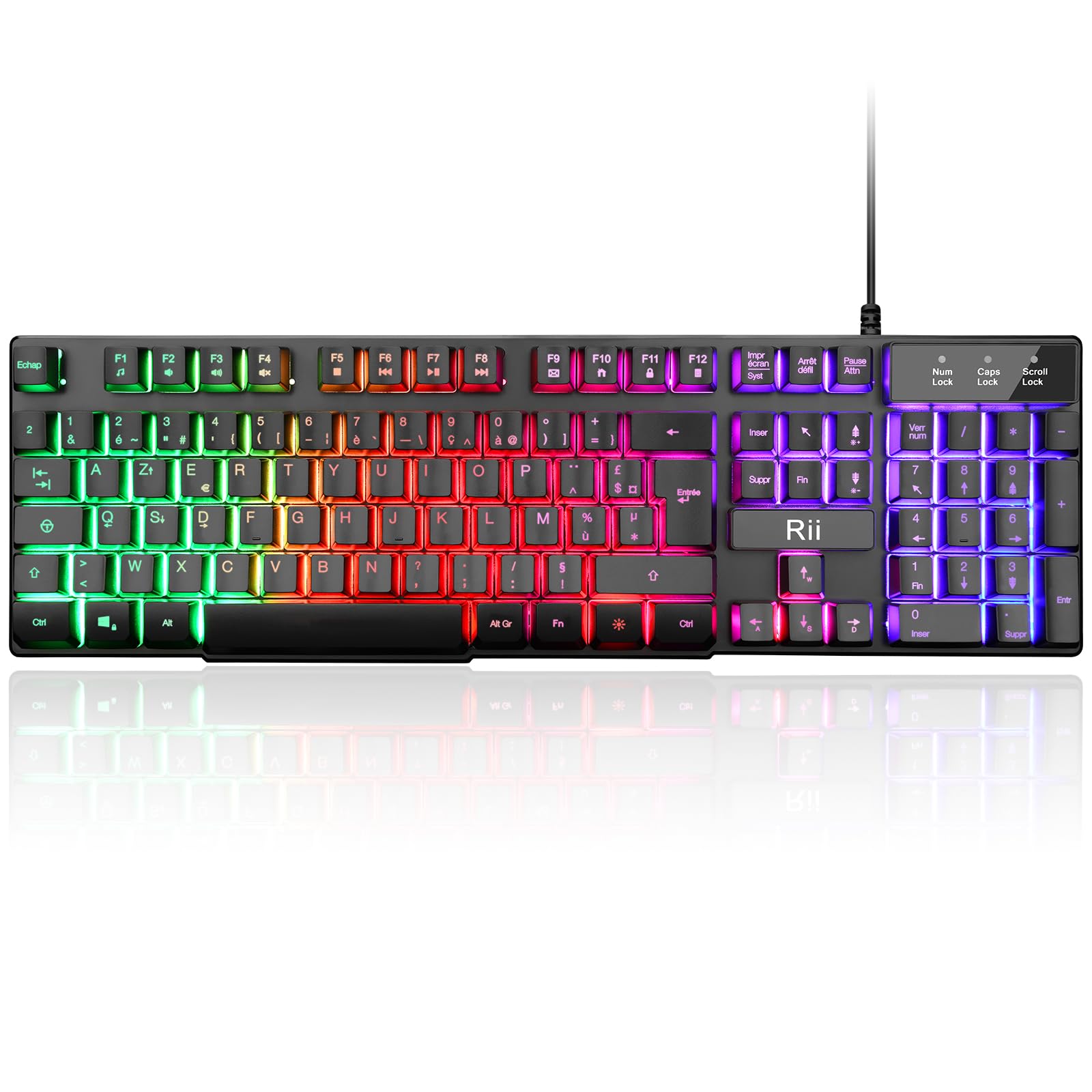 Rii Clavier Gamer - AZERTY - Nouveau Clavier USB Filaire - 105 Touches Semi-Mécaniques - 5 Couleurs LED Rétro - 11 Raccourcis Multimédia - pour PC Mac - PS4 PS5 - Noir
