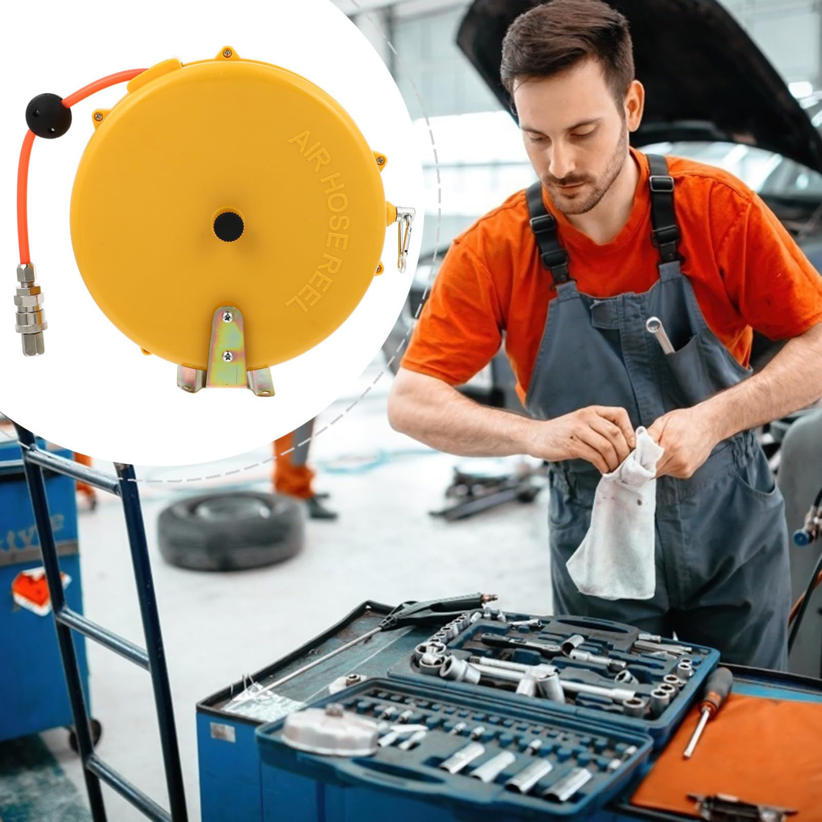 Carrete 8m de Manguera de Aire Retráctil Automático Mini | Abs y Aleación, Color Amarillo, Fijación en Pared, Techo o Puerta, Recuperación Automática y Alta Resistencia