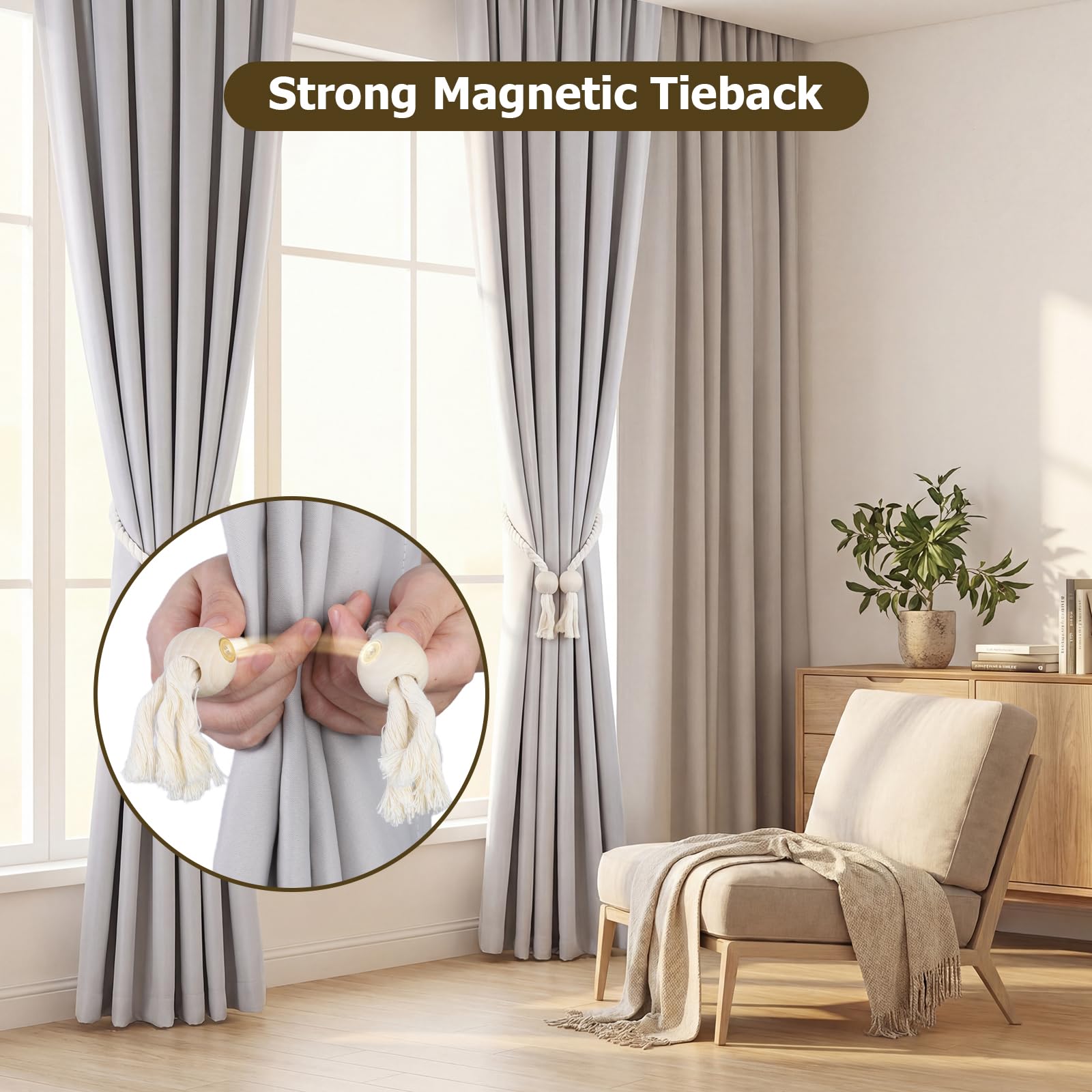 OTraki Lot de 4 Embrasse pour Rideaux Magnétique, Attaches Rideau en Coton tissé à la Main, Pince Rideau sans Percage pour Tous Types de Rideaux (Beige)