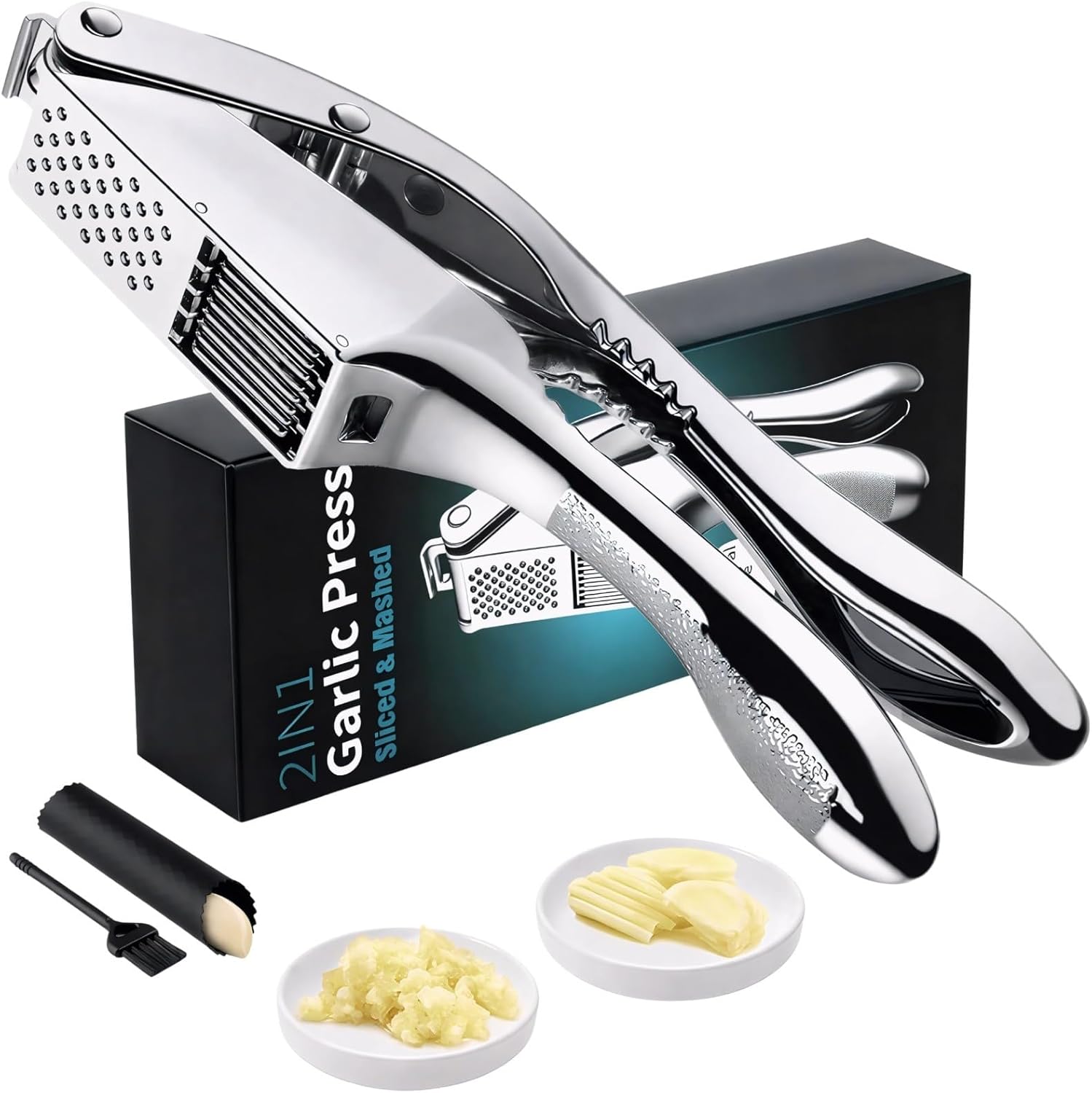 Garlic Press Stainless Steel 3-in-1 Set – Heavy Duty Garlic Crusher & Mincer, Easy Squeeze Ergonomic Handle, Rust-Proof Dishwasher Safe, Cleaning Brush & Silicone Peeler, Large Chamber