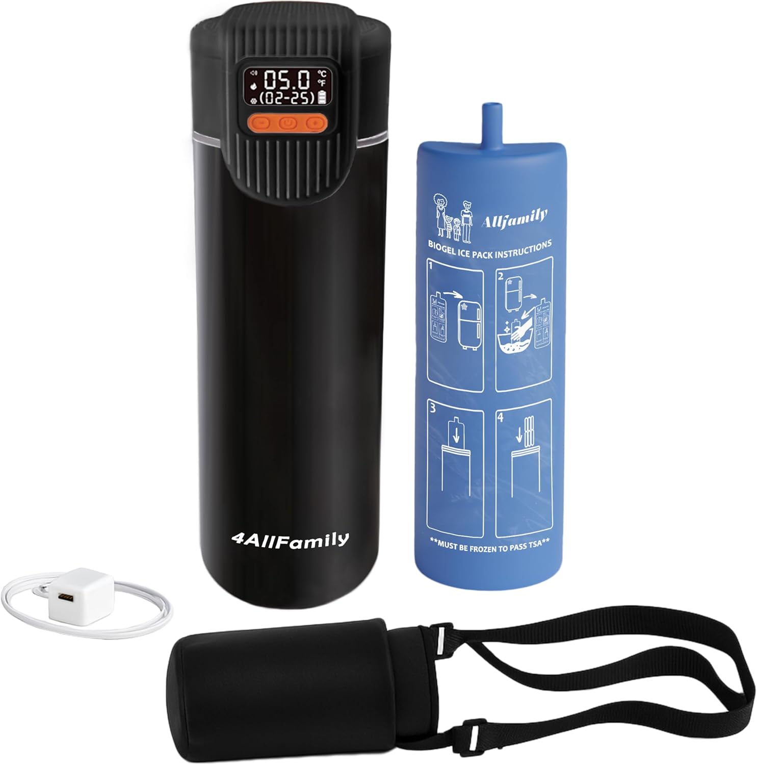 4AllFamily Nomad Big PRO Insulin Cooler Travel Case – 52H Medication Cooler for Travel with Digital Temperature Display – Insulin Pen Cold Case with Medicine Bag & Reusable Big Blue Thermo - Black