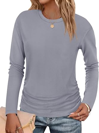 Tankaneo Womens T-Shirts Summer Long Sleeve 2025 Crew Neck Blouse Dressy Casual Ruched Slim Fit Trendy Tops