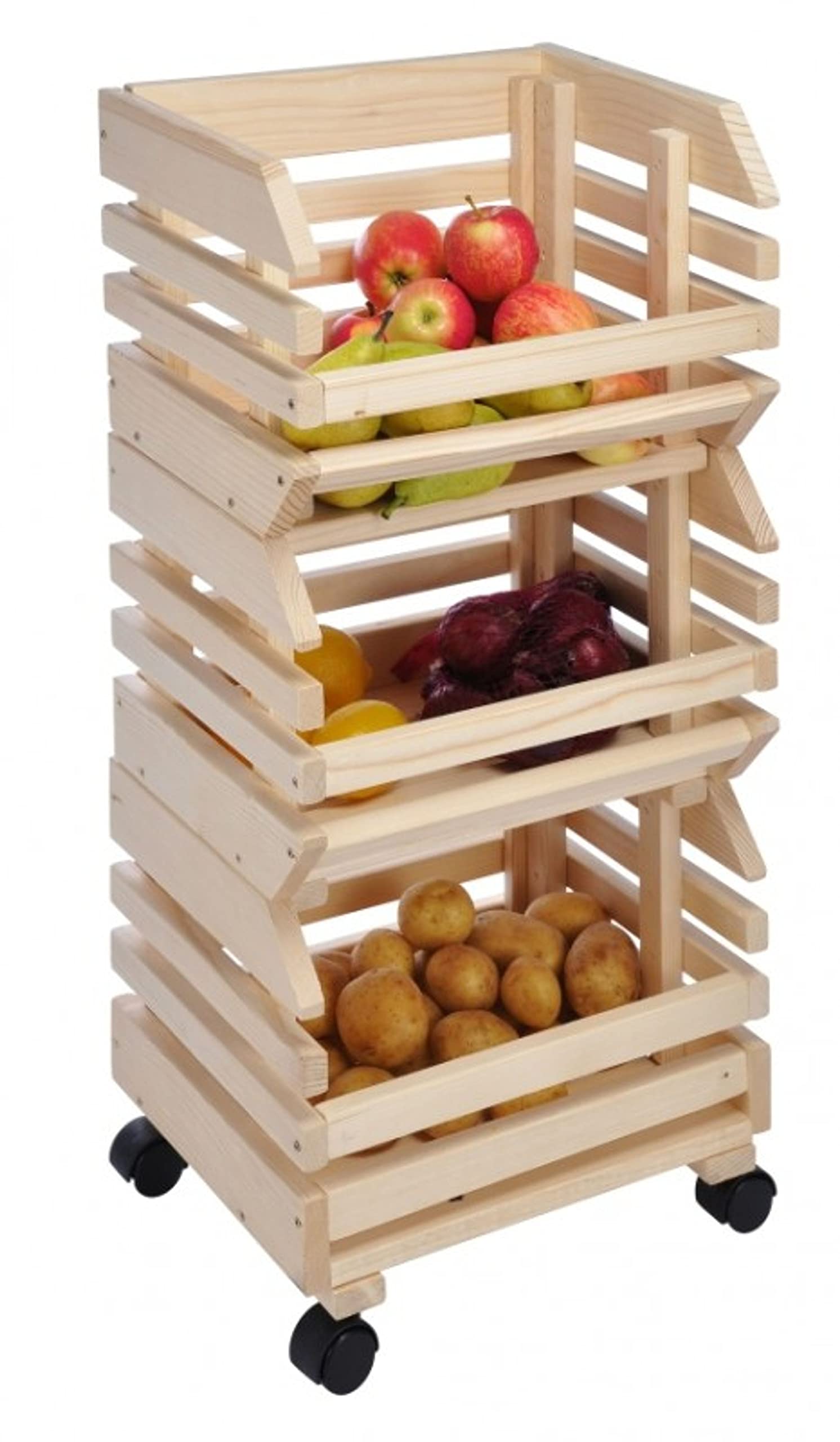 Haushalt International Kartoffelhorde Obsthorde Stapelhorde aus massivem Holz mit 4 Rollen - 37 cm x 80 cm x 30 cm - Natur-Braun