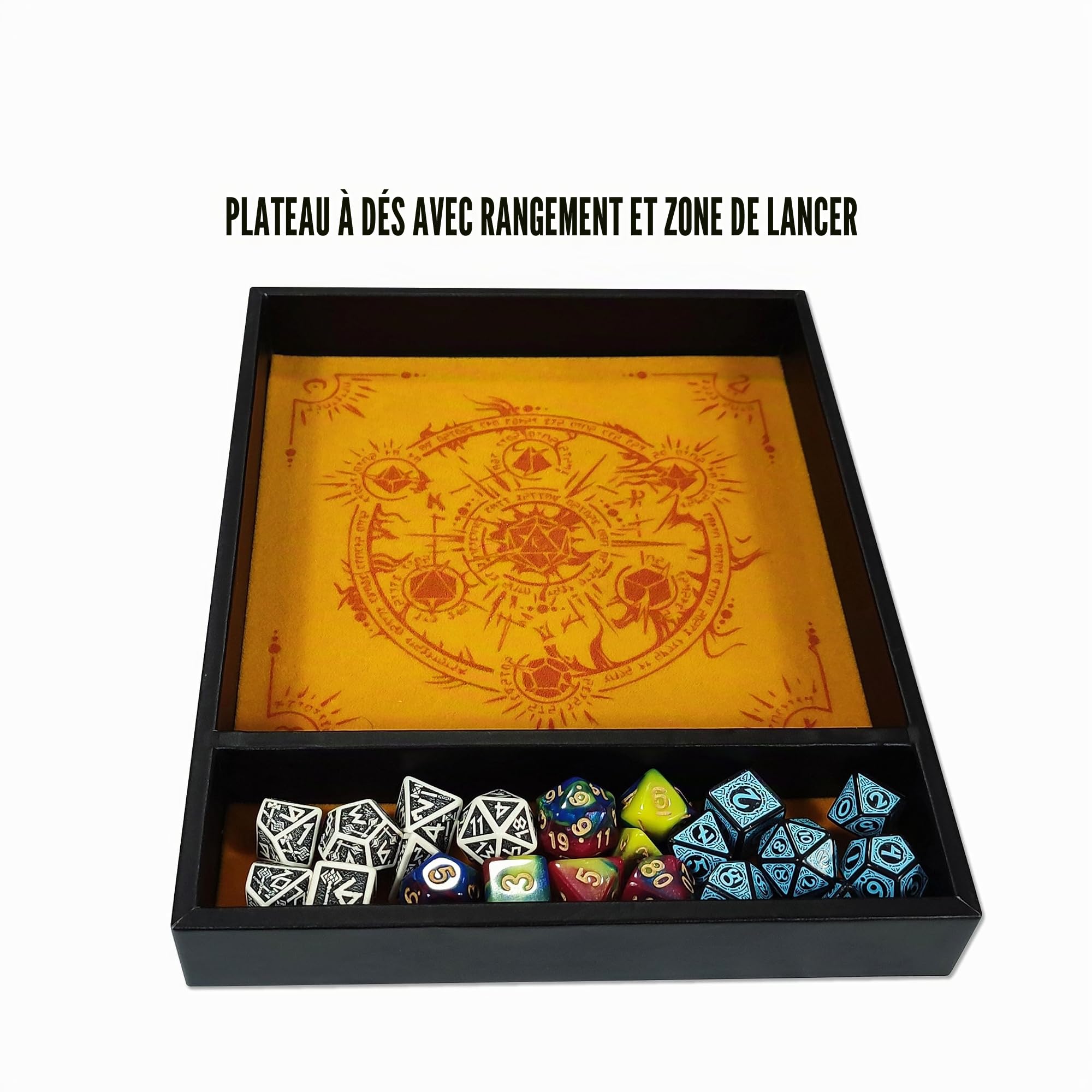 Plateau À DÉS RECTANGULAIRE 'Critical Roll', fabriqué en Cuir et Velours, Zone de Rangement, Design Exclusif et Compatible avec n'importe Quel Jeu de société et de rôle (Jaune)
