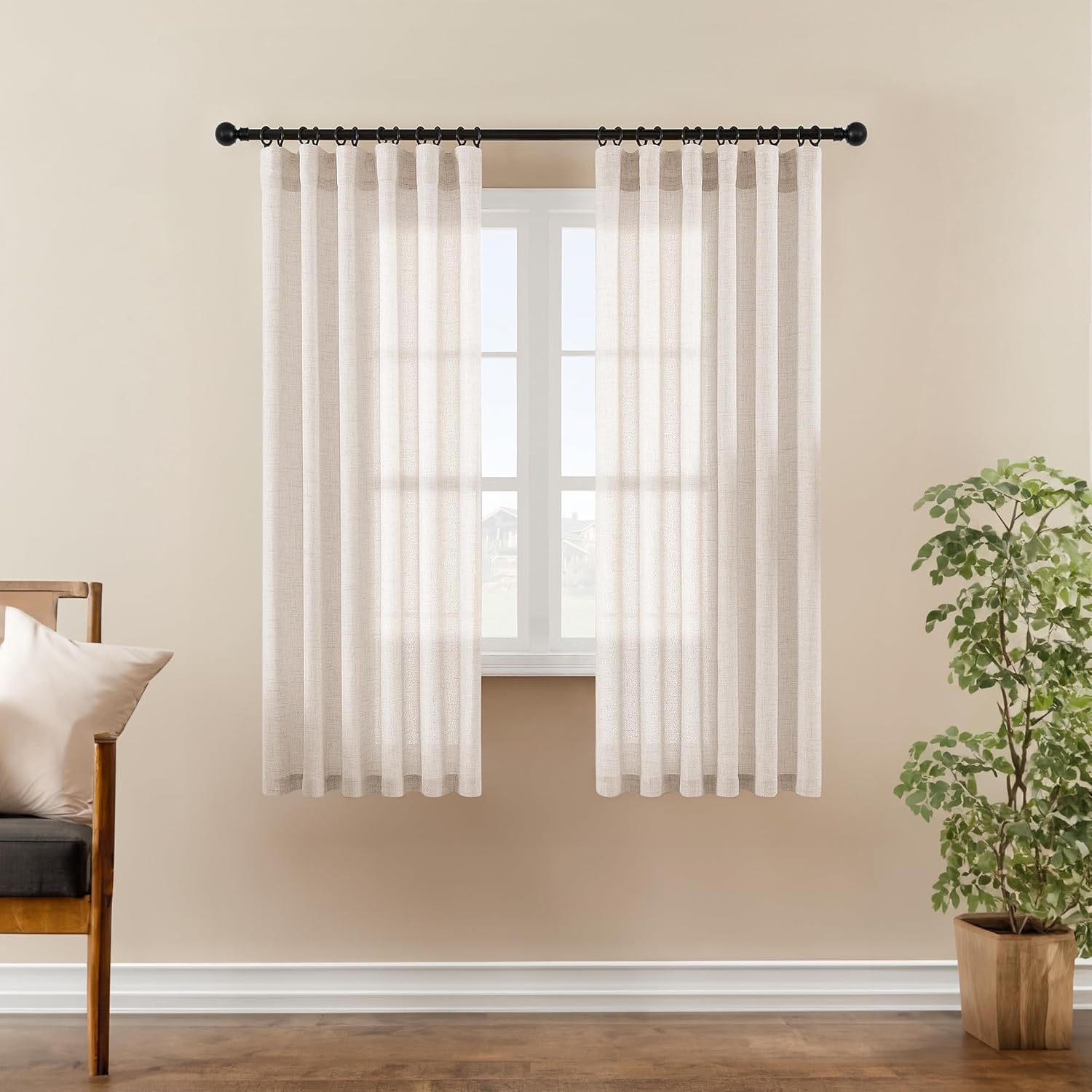 DaysU Linen Natural Curtains 63 Inch Length for Bedroom Kitchen Laundry Room Rustic Rod Pocket Hook Belt Semi Sheer Cream Window Curtains 63 Inches Long Light Filtering Privacy Farmhouse 2 Panels