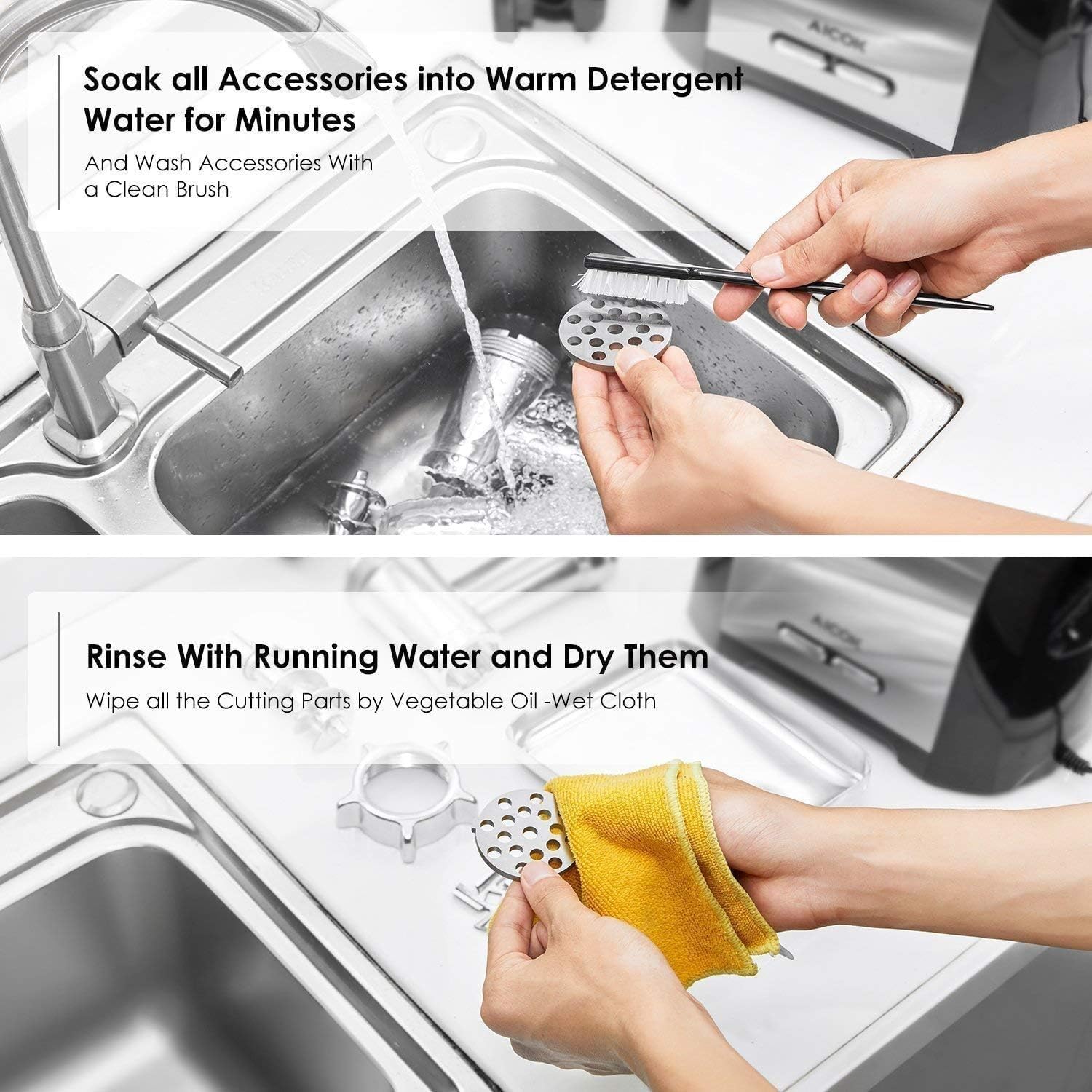 SINZUX Tritacarne e Salsicciaio elettrico, Tritacarne e Salsicciaio da 2800 W, ruota in avanti e indietro, con 3 diverse piastre di taglio, set per salsicce e kubbe (bianco)