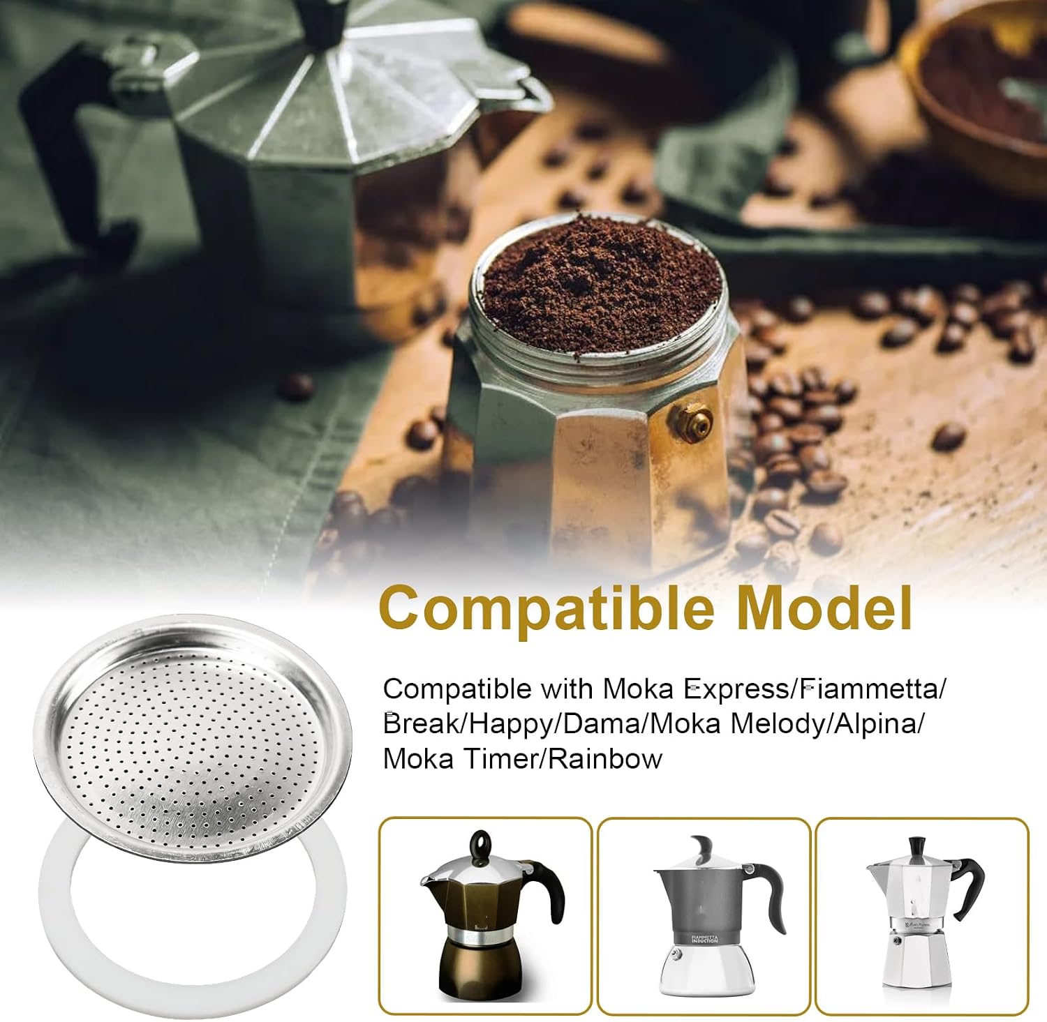 Moka Pot Spare Parts Replacement for Bialetti 3/4 Cups, Moka Pot 3 Cup Silicone Gasket and Food-grade Aluminum Filter Plate Compatible with Moka Express, Fiammetta Moka Pots, 6 Pcs Gasket and 2 Plate.
