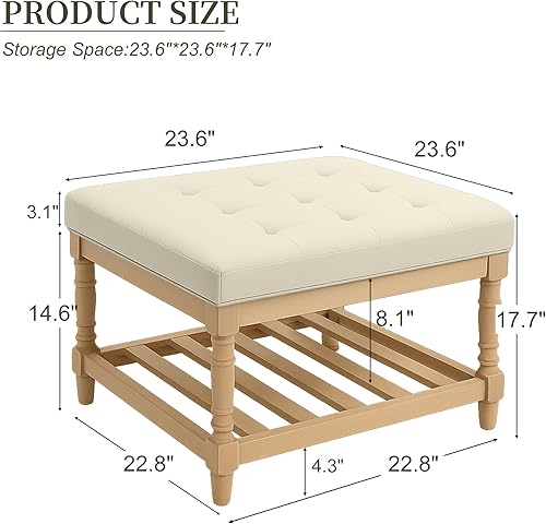 Miniatura 2 de UEV Juego de 2 mesas de centro otomanas cuadradas, tapizada con reposapiés otomana de almacenamiento, mesa de centro con estante de madera y patas