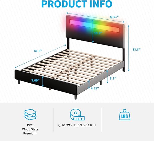 Miniatura 2 de Mjkone Platform Bed Frame with Smart RGB LED Light Strip, Queen Size Bed Frame with Adjustable Headboard, Compatible with Alexa & App, No Mattress