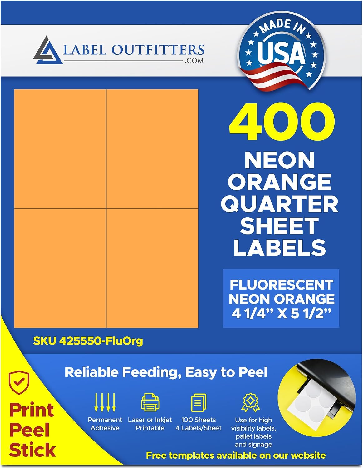 400 Label Outfitters Quarter Sheet 4.25" x 5.50" Printable Fluorescent Neon Orange High Visibility Labels 100 Sheets