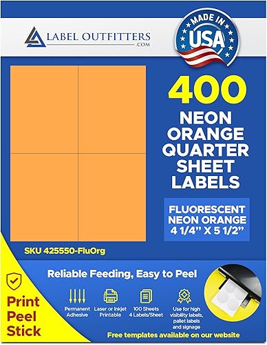 400 Label Outfitters® - Hoja de cuarto de galón, 4.25 x 5.50 pulgadas, etiquetas fluorescentes naranja neón