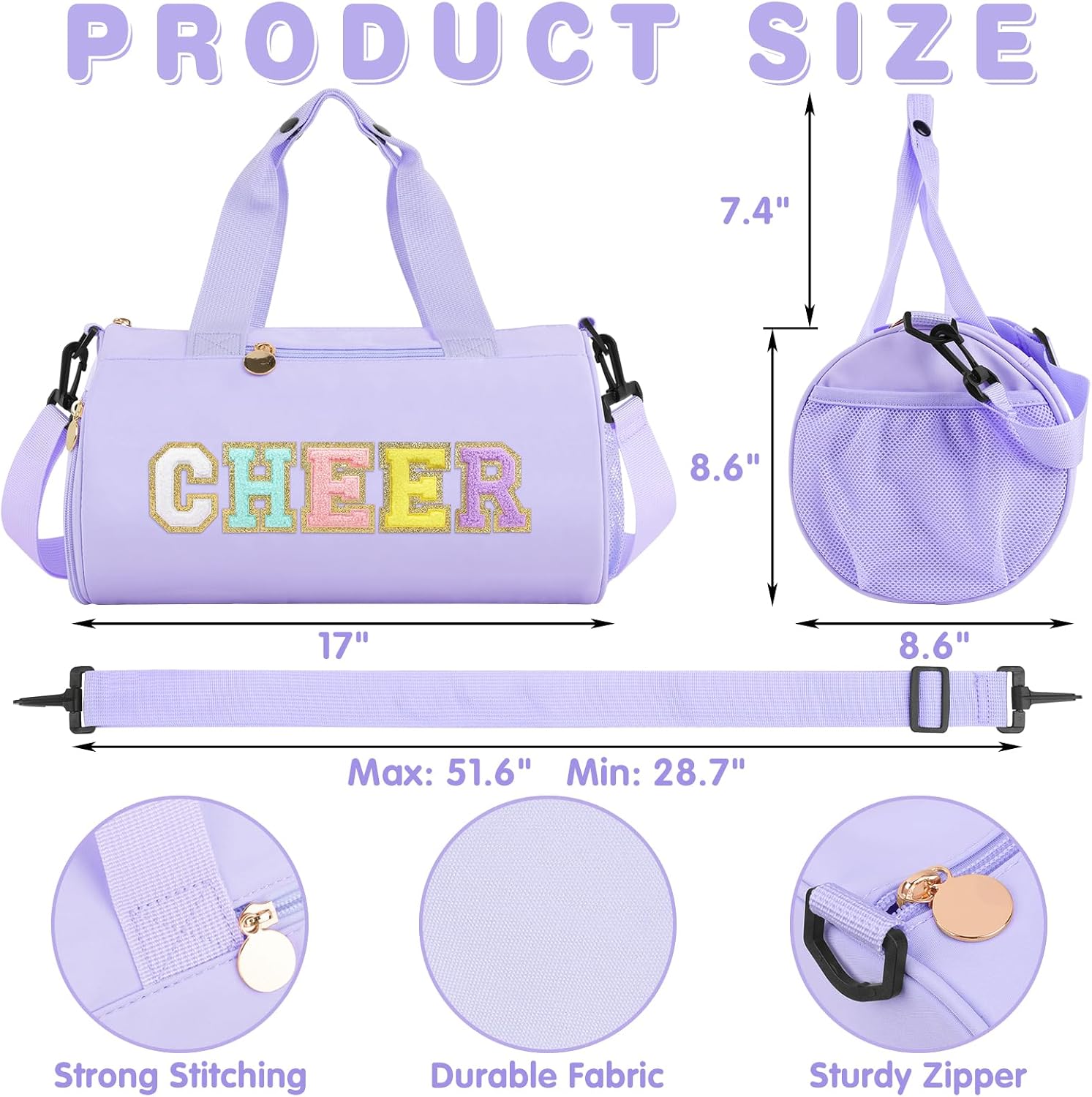 Cheer Bag with Shoes Compartment for Girls Cheerleader Gifts, Personalized Cheerleading Sport Gym Duffel Bags, Cute Chenille Letter Gymnastics Duffle Bag Cheer Gift for Teen Girl Athletes(Purple)