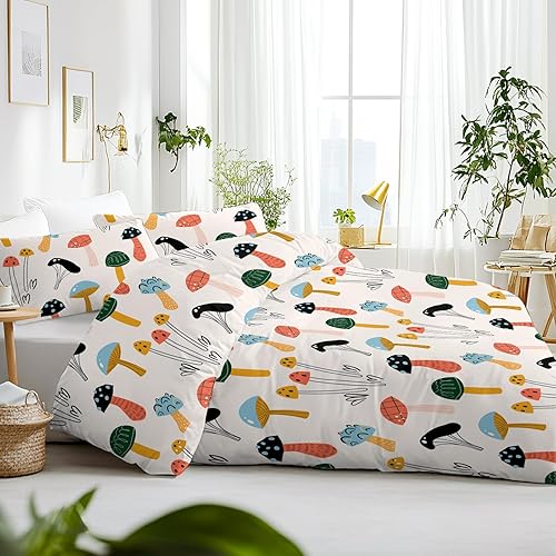Miniatura 8 de SOULZZZ Juego de funda de edredón de hongos florales tamaño individual, funda de edredón con diseño de hongos y fresas rojas, flores azules,
