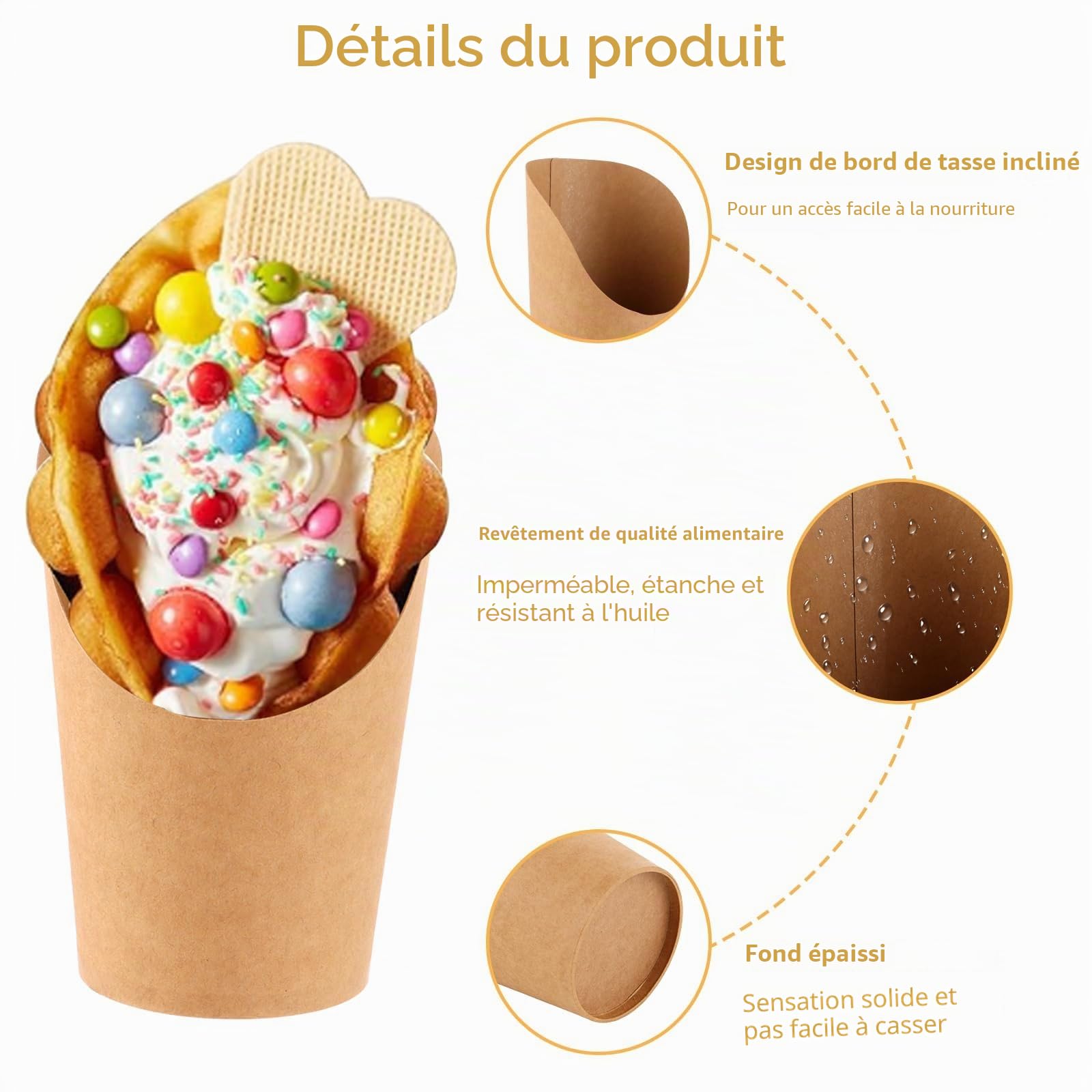YAYODS Lot de 100 Gobelet en Papier Kraft 14 oz / 410 ml - Cornet de Frites à Bouche Biseautée - Support Snack Étanche et Résistant à l'Huile pour Frites, Popcorn, Gaufres et Glaces