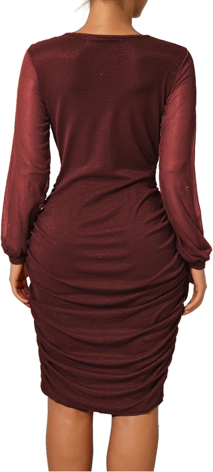 Women Elegant Cowl Neck Lantern Long Sleeve Mini Ruched Bodycon Dress Stretch Mesh Slim Party Cocktail Dresses - Image 6