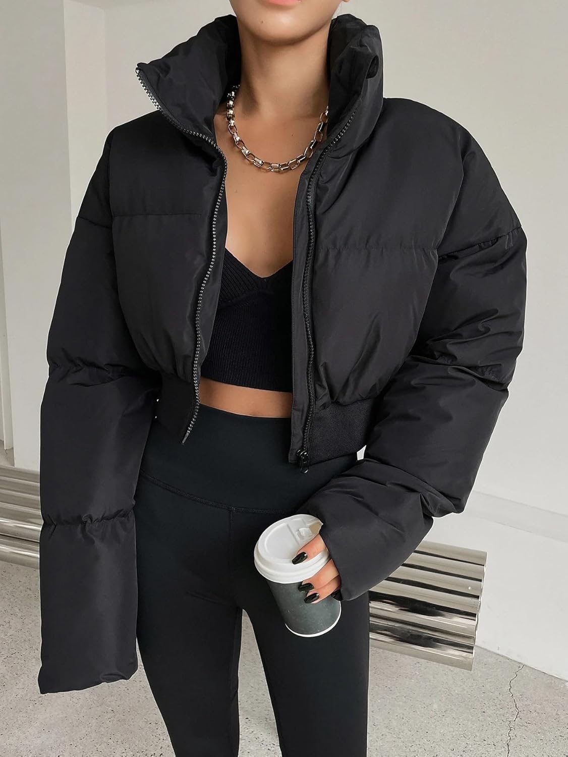 Women's Trench Coat Drop Shoulder Zipper Puffer Thick Pockets Coat Long Sleeve Classic Overcoat