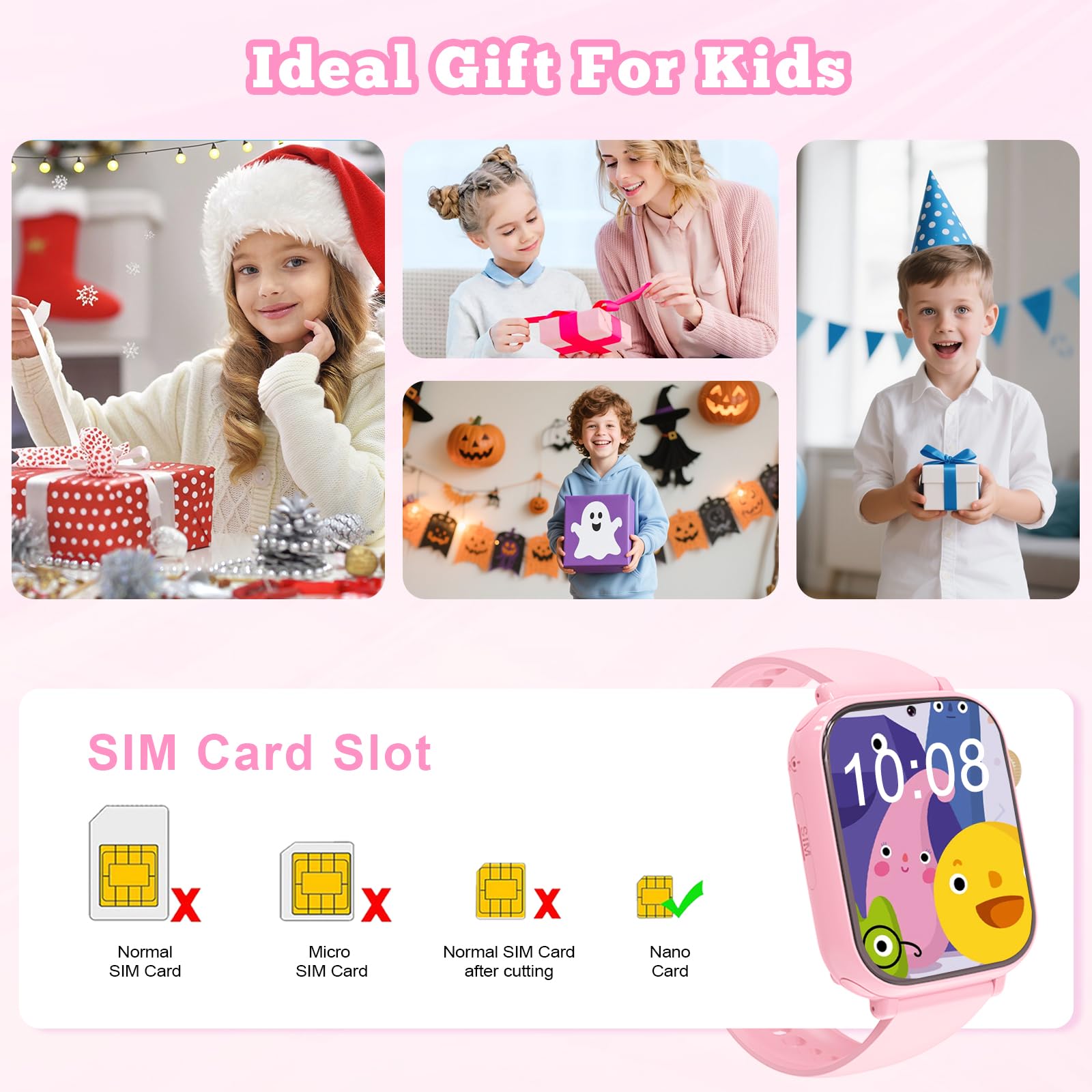 Smartwatch Bambini GPS 4G, Orologio Intelligente con Telefono Videochiamata | Chat, SOS, Sveglia, Contapassi, Camera, Modalità Classe, Gioco, Smart Watch per Ragazza e Ragazzo 4-12 Anni Regalo, Rosa